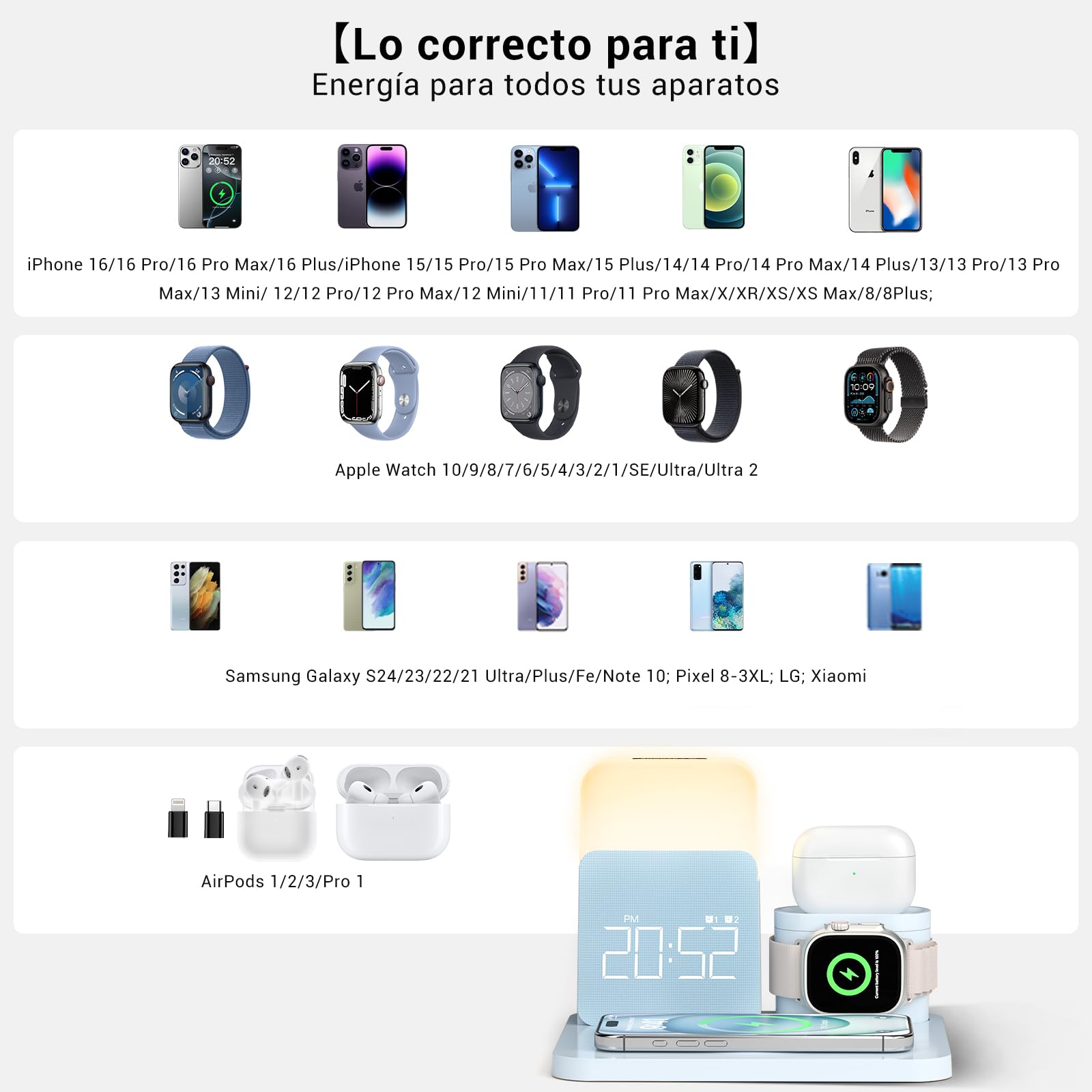 COLSUR Stacja ładująca 3 w 1 do Apple Watch iPhone Airpods, 15 W, szybka bezprzewodowa ładowarka do iPhone 17/16/15/14/13, lampka nocna z funkcją ładowania, budzik ze stacją ładującą, akcesoria do