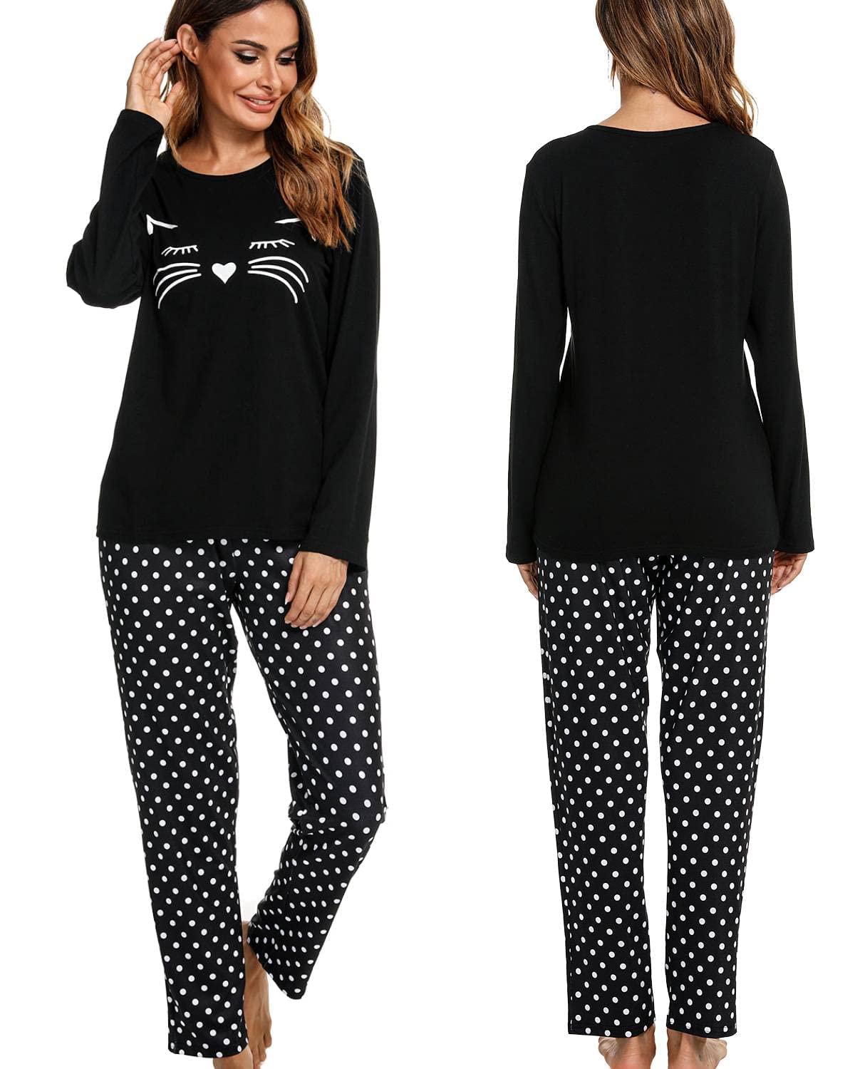 GAESHOWWomens Pyjamas Set, Cotton Womens Sleepwear Set, Long Sleeve Cat Wave Dots Cute Pajamas Soft Cotton Ladies Pyjamas Set Loungewear Nightwear Sleepwear