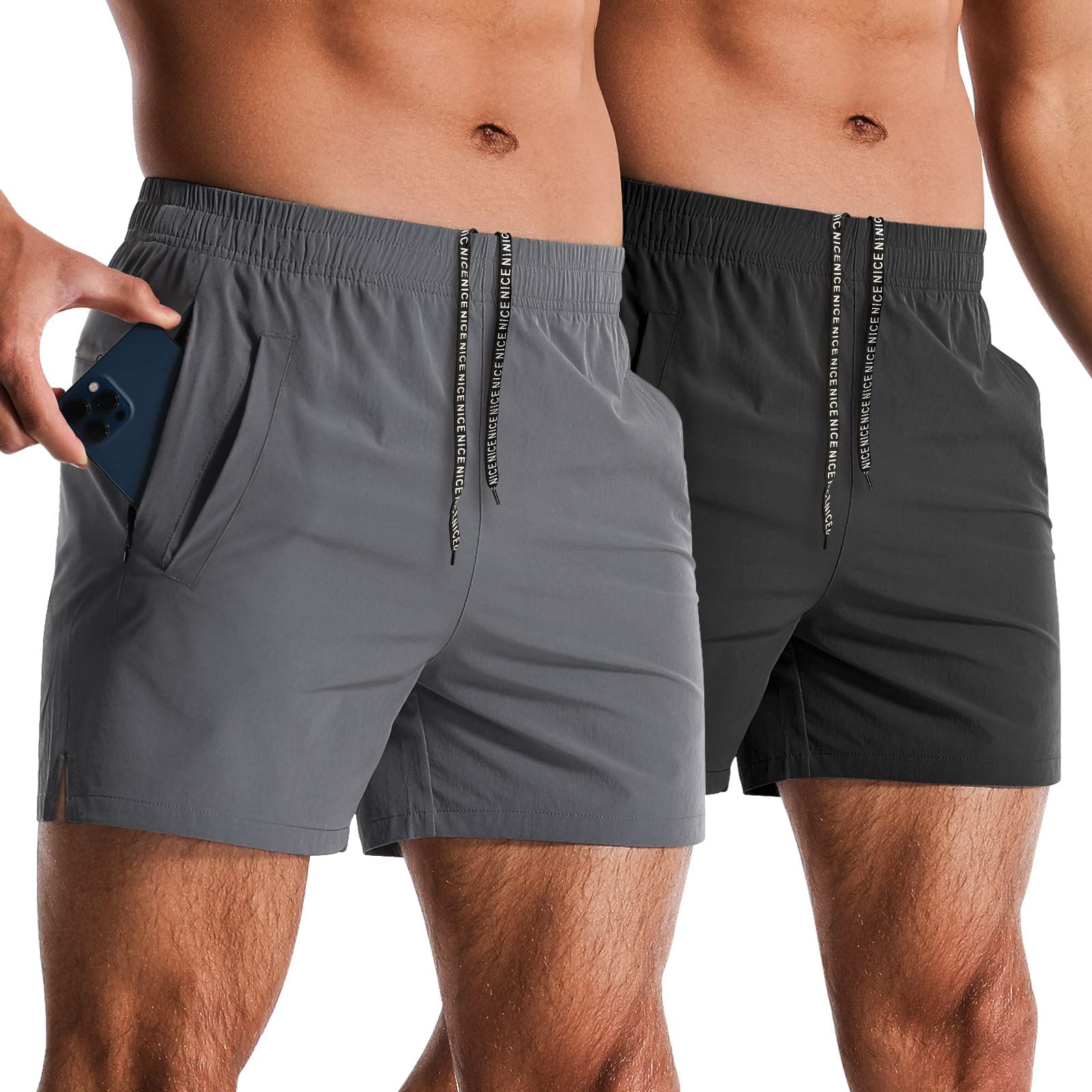 Confezione da 2 Pantaloncini Sportivi da Uomo da 12,7 cm, ad Asciugatura Rapida, Abbigliamento Palestra, Allenamento, Leggeri, con Tasche, Grigio Scuro+Nero, M