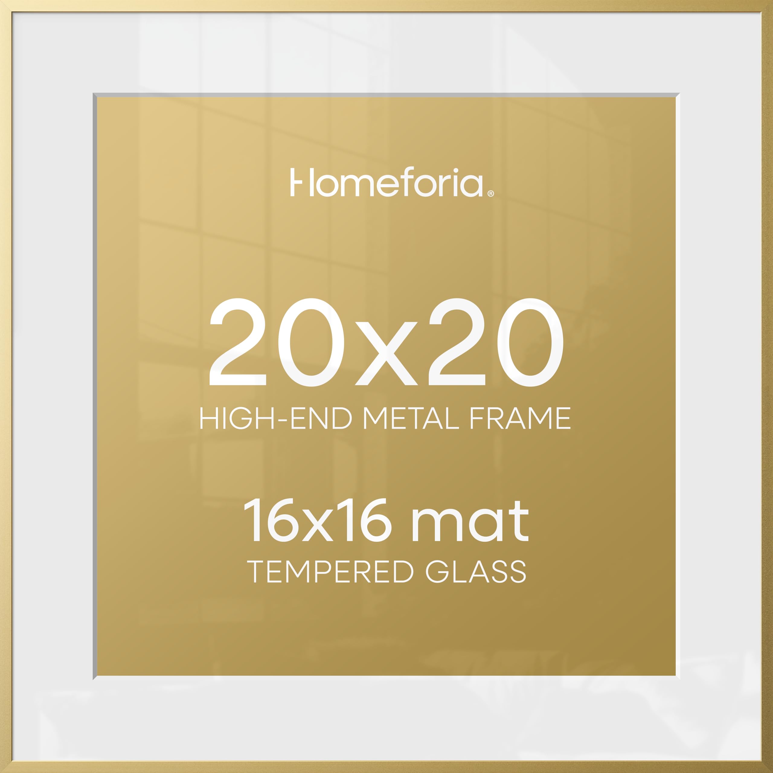 Homeforia 20x20 Picture Frame Gold, High End Metal 20 x 20 Square Poster Frame with Mat 16 x 16 Photo, 20x20 Frame Matted to 16x16 Print, 20by20 Gold Hanging Frames, Tempered Glass, Wall Kit, Set of 4