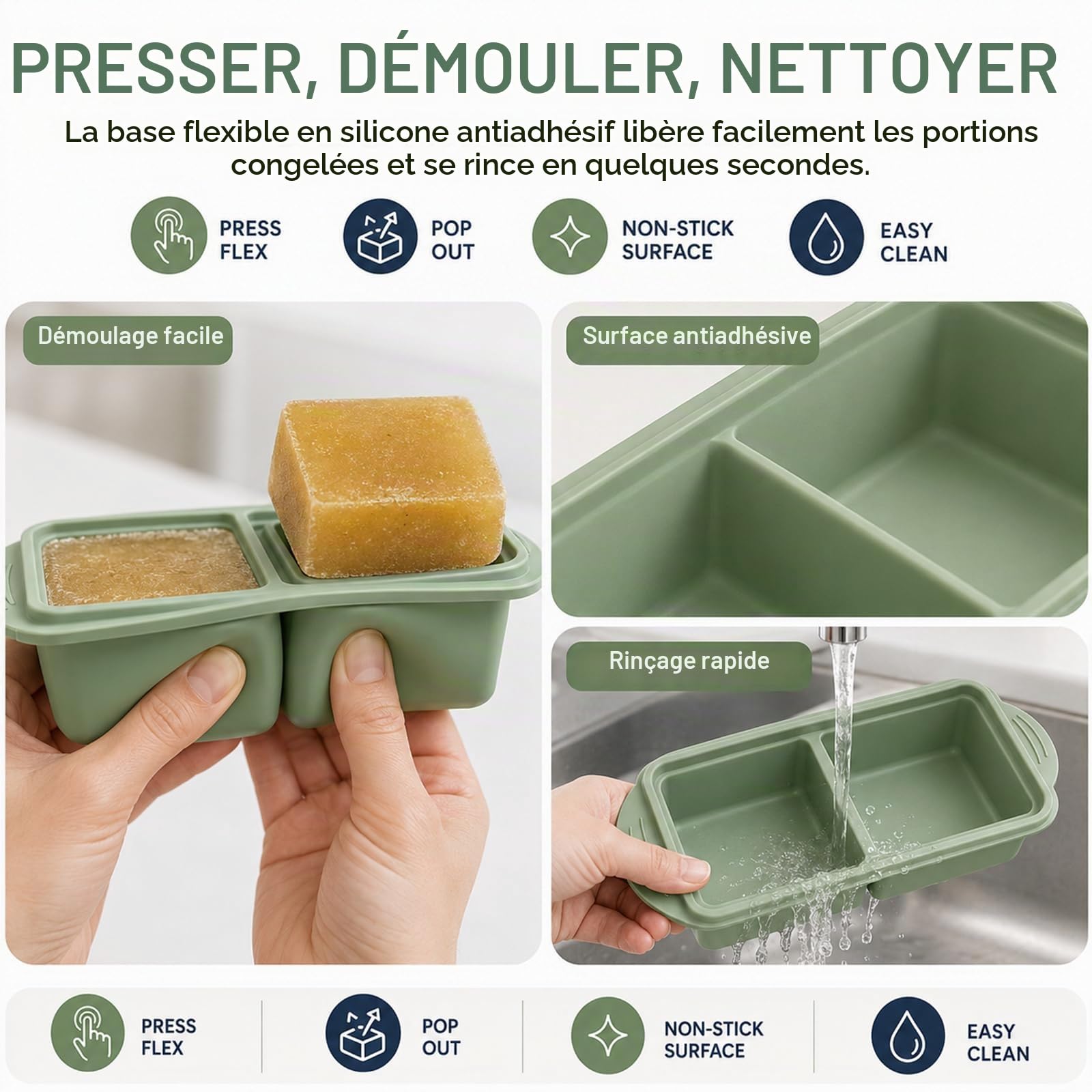 Plateaux de Congélation en Silicone Extra Larges avec Couvercle Lot de 4 | 2 Tasses par Compartiment Pour Congeler Soupes Bouillons et Sauces Facilement