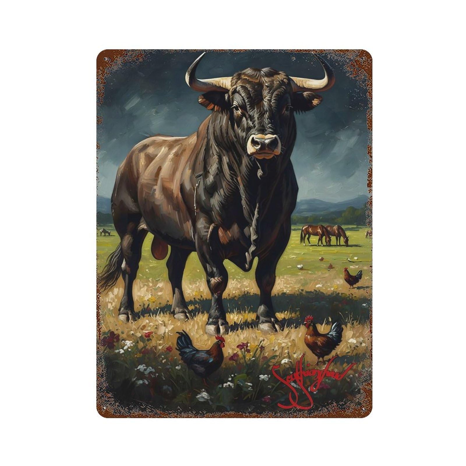 Rust Effect Majestic Bull in A Pastoral Setting Rusty Metal Tin Sign 15.7"x11.8", Old School Wall Decor for Pub, Kitchen And Man Cave Decor