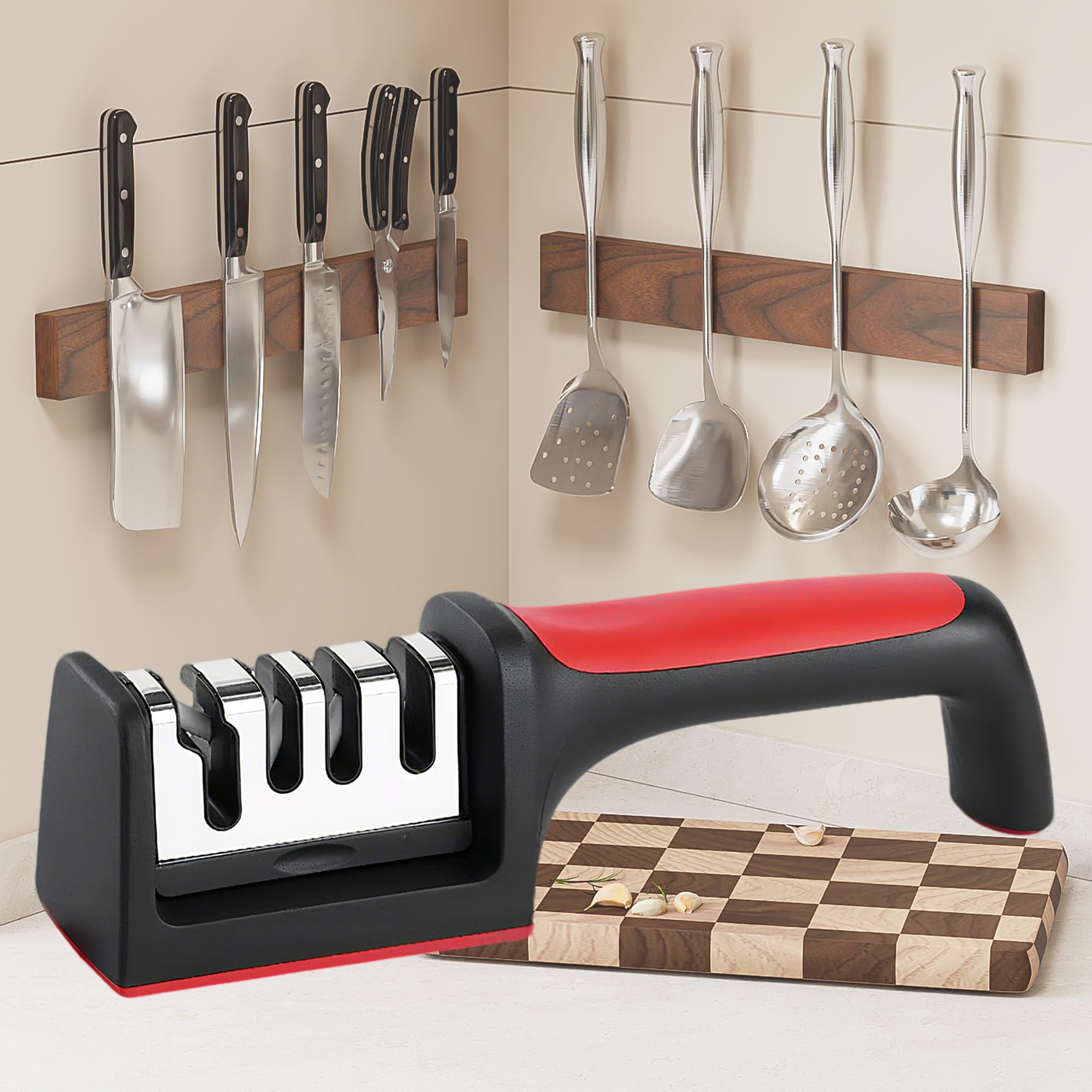 4-Stage Manual Knife Sharpener for Kitchen Red Blade Sharpener with Tungsten Steel Slots for Chef Knives Scissors Pocket