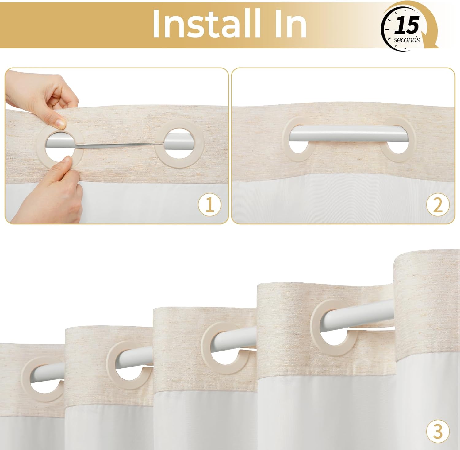 WONICY No Hook Linen Textured Shower Curtain with Snap in Liner, Waterproof & Washable Shower Curtains for Bathroom, 71Wx74H, Linen Cream