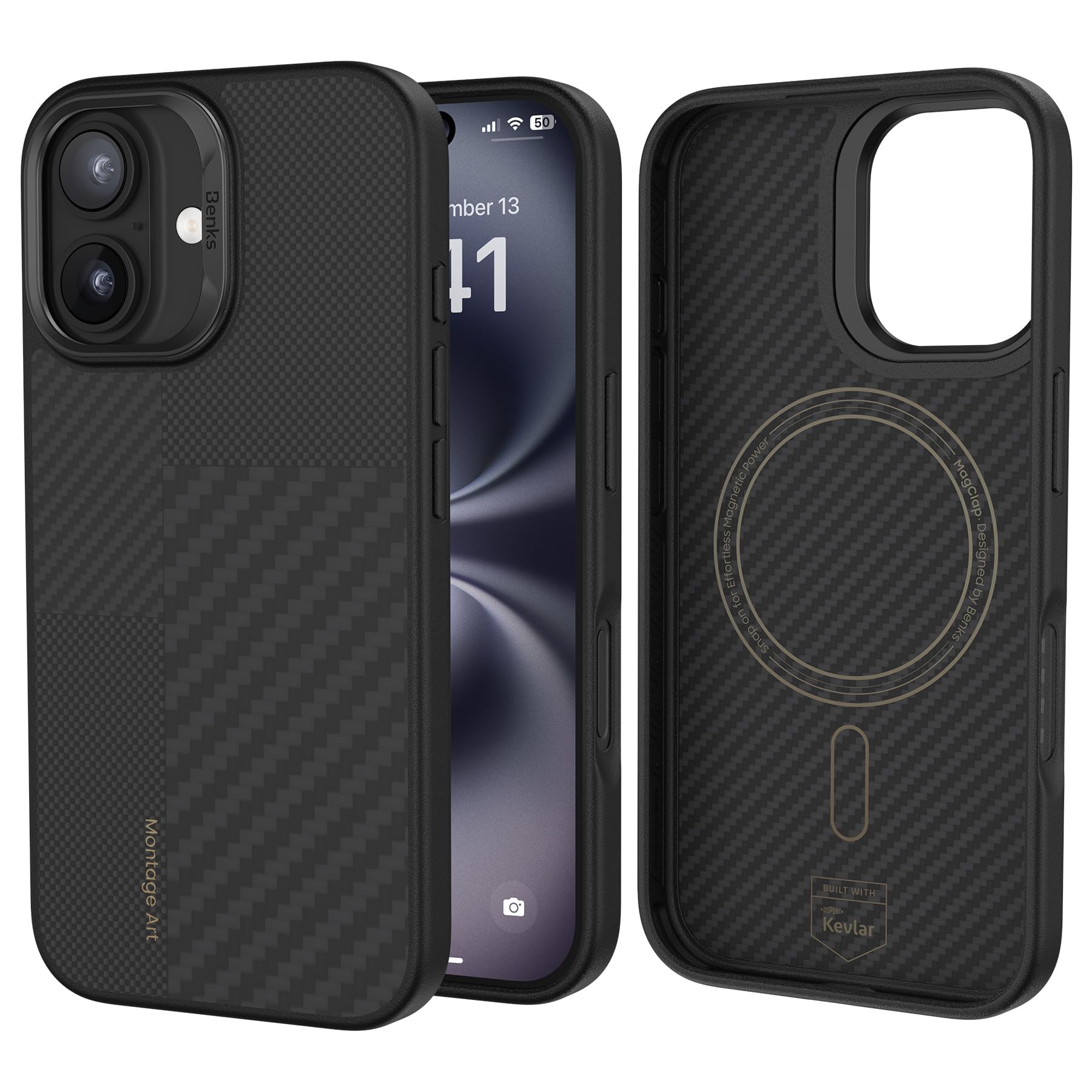 BENKS Montage ArmorPro Case for iPhone 16, Built with Dupont Kevlar [600D & 1500D Aramid], [Compatible with Magsafe] [Military Grade Protection] Shockproof iPhone 16 CaseClimatePartner certified