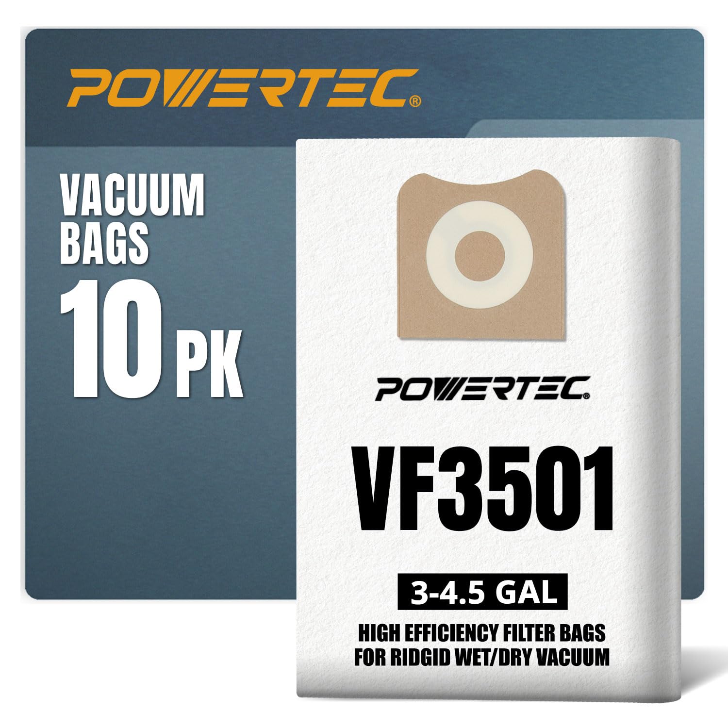 POWERTEC 10PK VF3501, WS32045F Replacement Bags for Ridgid & Workshop 3-4.5 Gallon Wet/Dry Vacs, Fits WD40500, WD40700