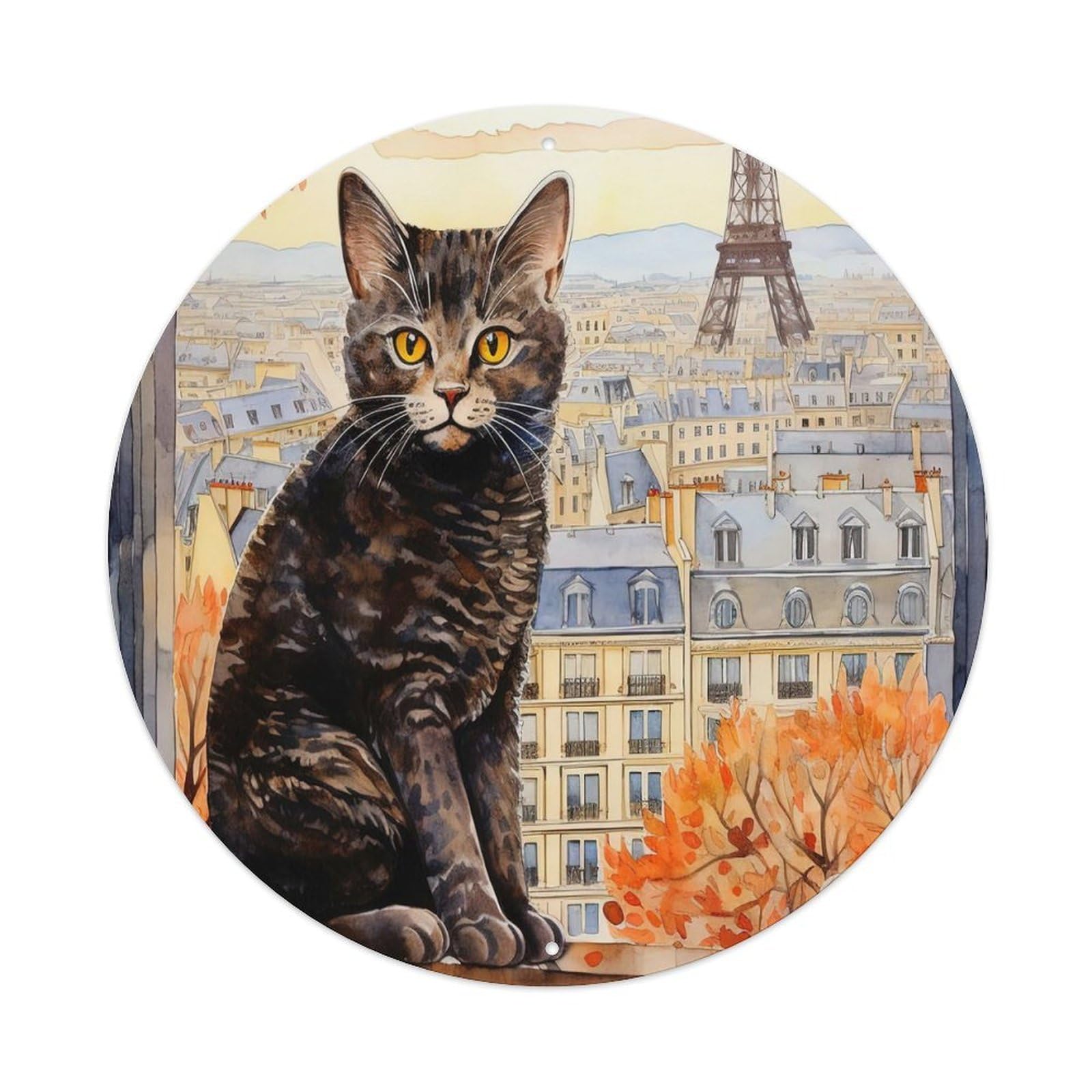 Animal Cat with Paris Tower Vintage Metal Tin Sign Plaque Wall Decor for Cafe, Club, Garden Round Metal Poster 8x8Inch