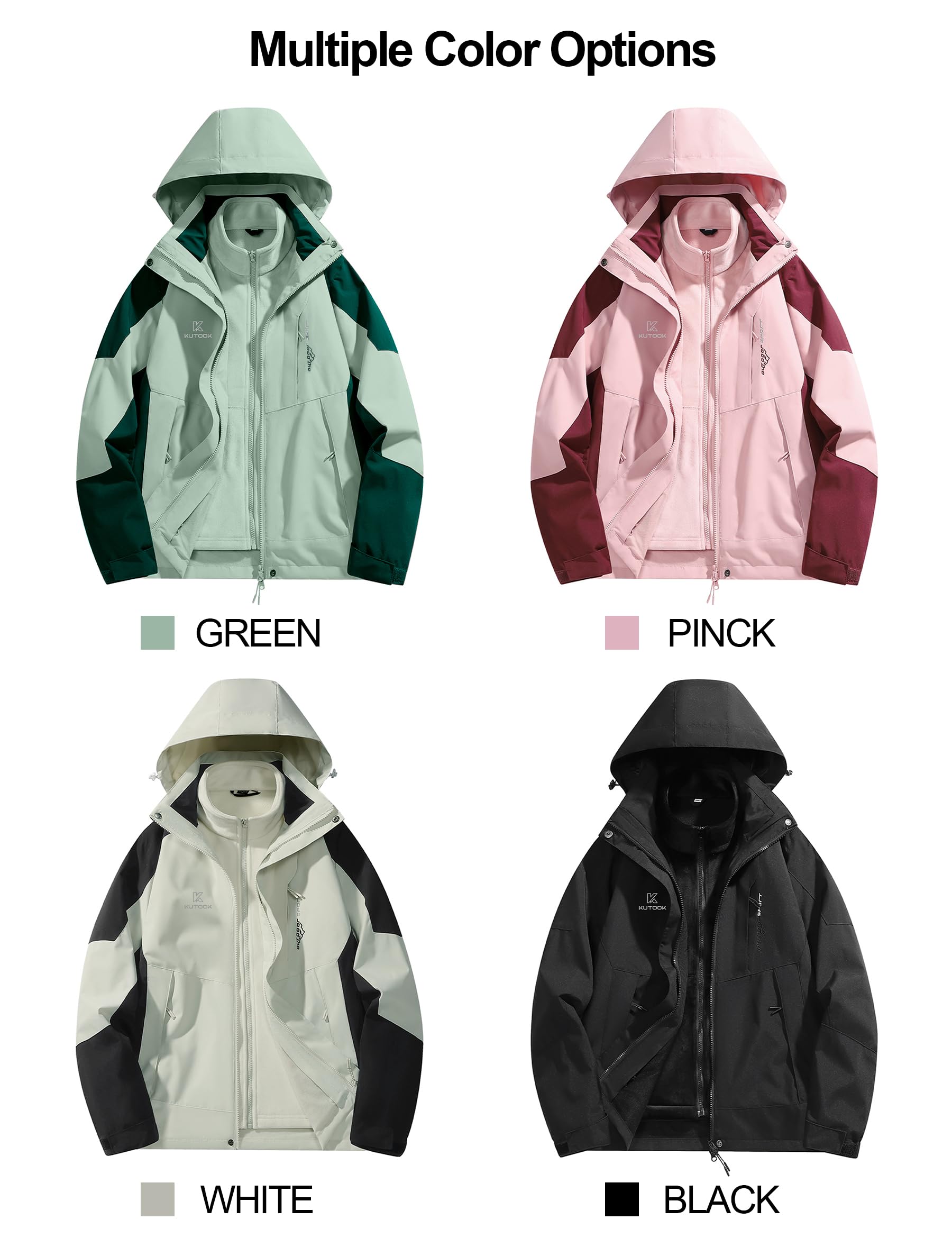 KUTOOK Chaqueta Softshell Impermeable para Mujer 3 en 1 Invierno Cortaviento con Cálido Forro Polar Senderismo Esquí Ciclismo