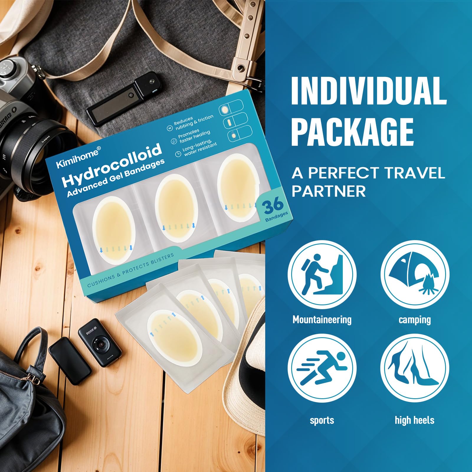 Gel Blister Cushions Hydrocolloid Bandages, Kimihome 36ct Blister Bandages for Feet, Water Resistant & Breathable for Prevention & Recovery - Heel Pack