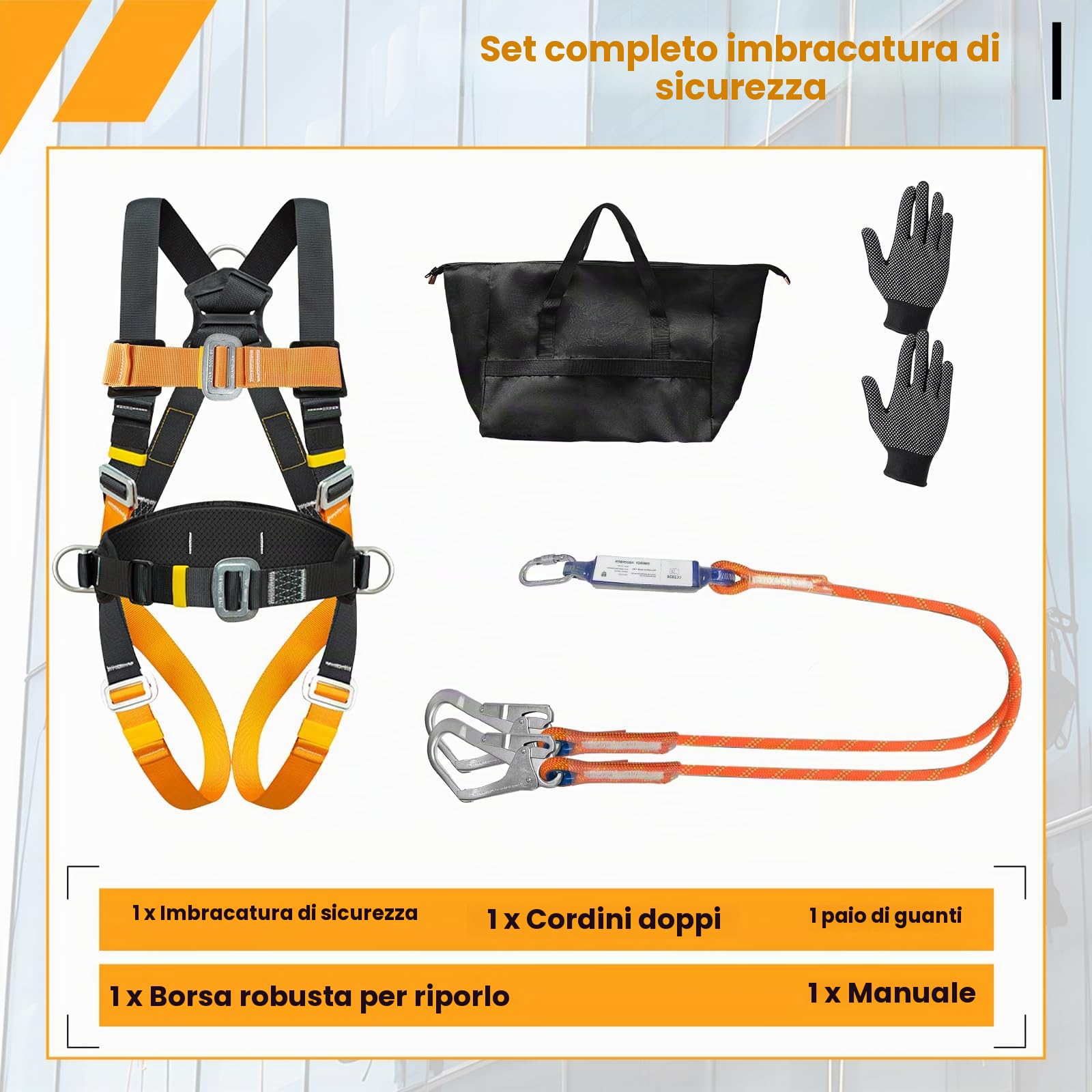 Imbracatura di Sicurezza Anticaduta Corpo Intero con Cuscino Lombare – Doppio Cordino & Assorbitore Energia, 140 kg Max, Certificata EN, Cintura di Sicurezza Anticaduta per Linea Vita tetto Kit