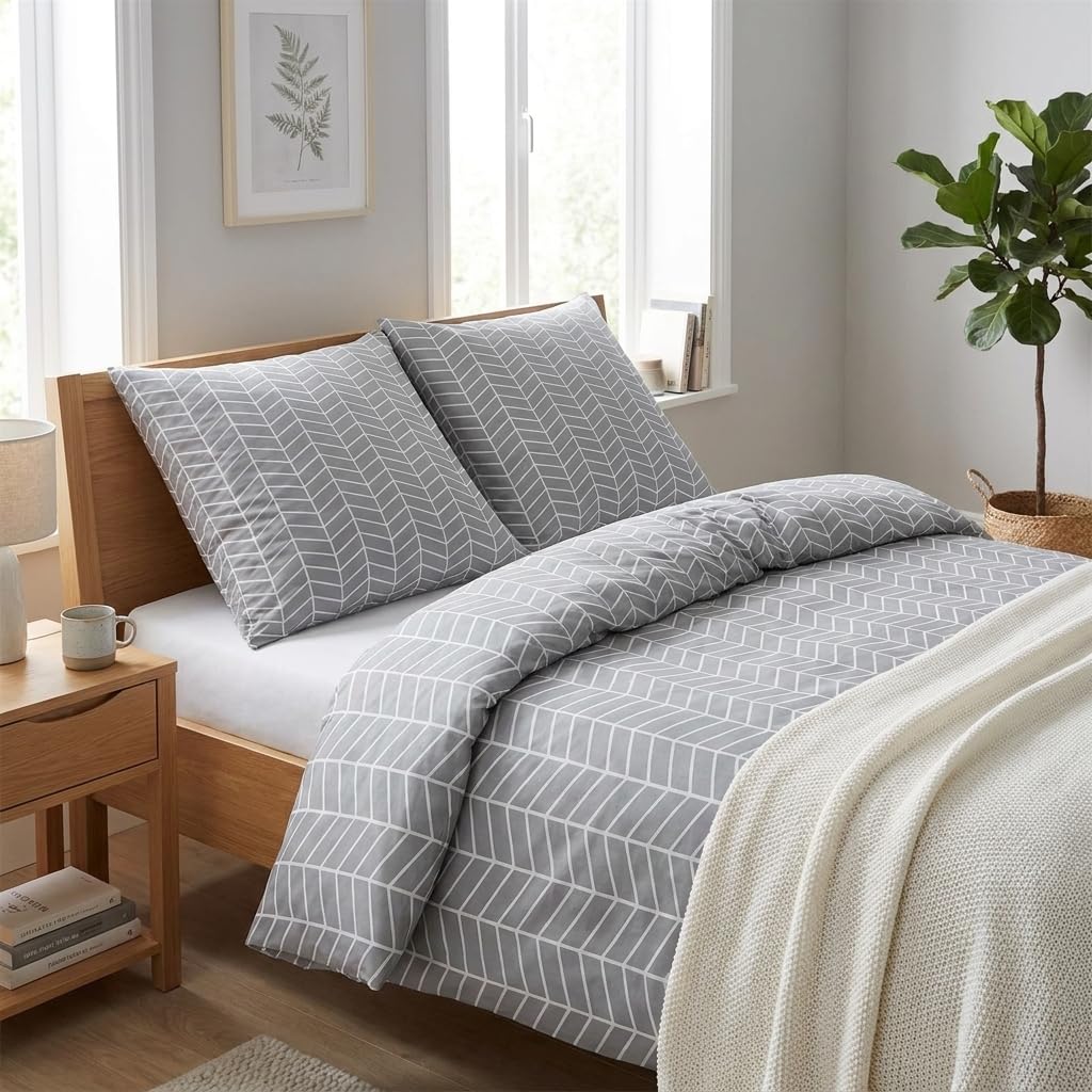 Graue Bettwäsche-Sets 180x200 cm Geometrisch Gestreift, Wendebettwäsche Weiche Mikrofaser Allergiker 3 Teilig Bettbezug mit Reißverschluss, Moderner Deckenbezug mit 2 Kissenbezügen 80x80 cm