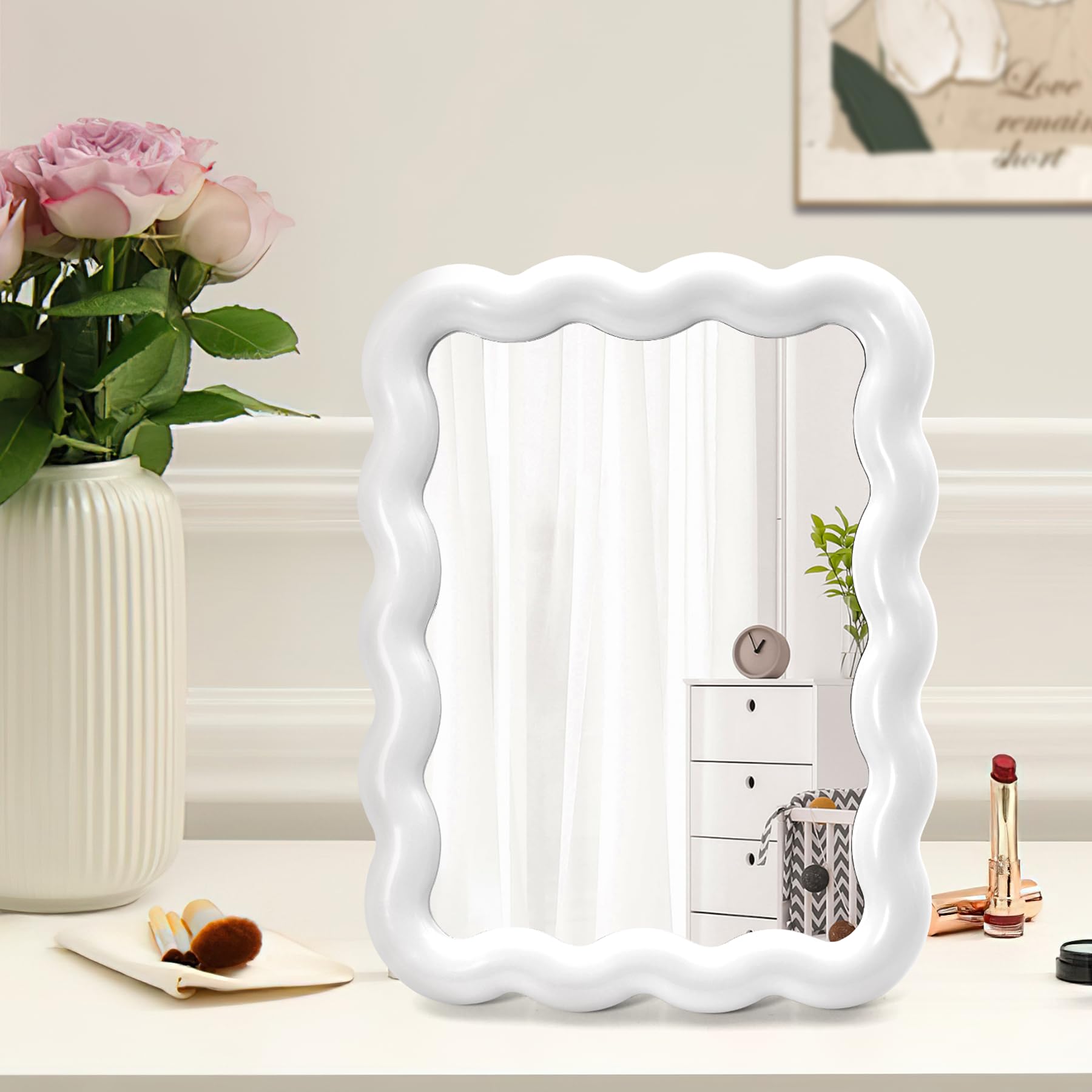 Philbinden Cute Wave-Shaped Desk Vanity Makeup Mirror,Portable Aesthetic Folding Mirror Travel Make Up Mirror for Standing/Hanging,Home Decorations Mirror for Women Girls (1, White)