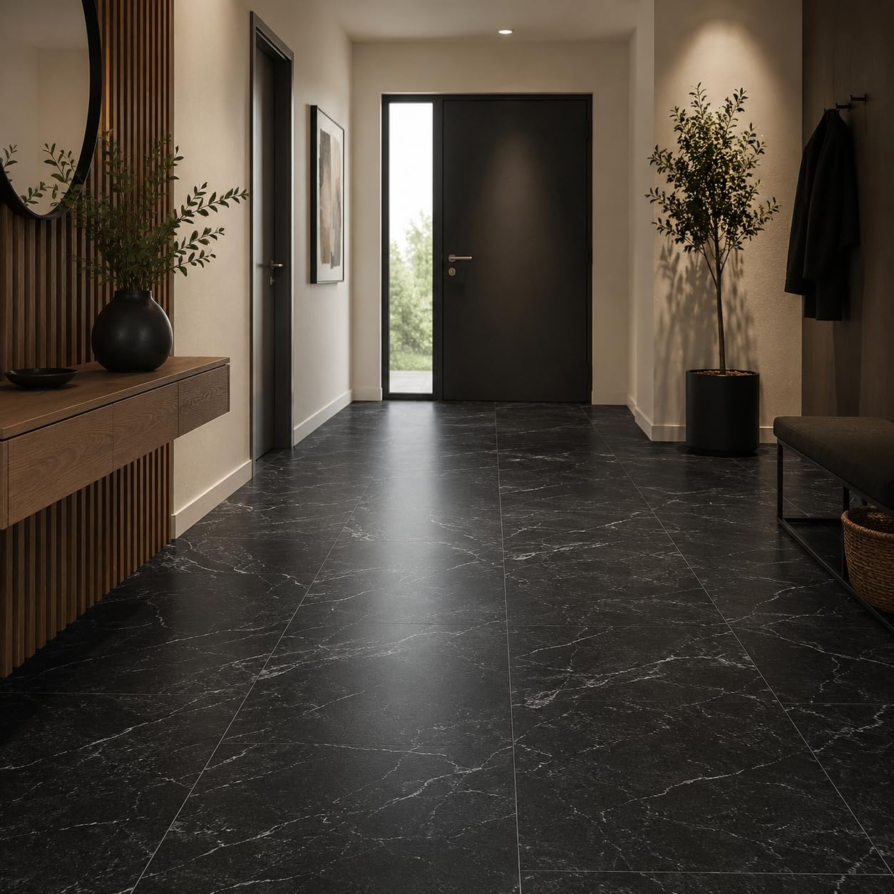 SPC Klick Revêtement de sol en vinyle imperméable 4 mm 60 x 30 cm 12 carreaux 2,16 m² Revêtement de sol intérieur Marbre noir 1 m²