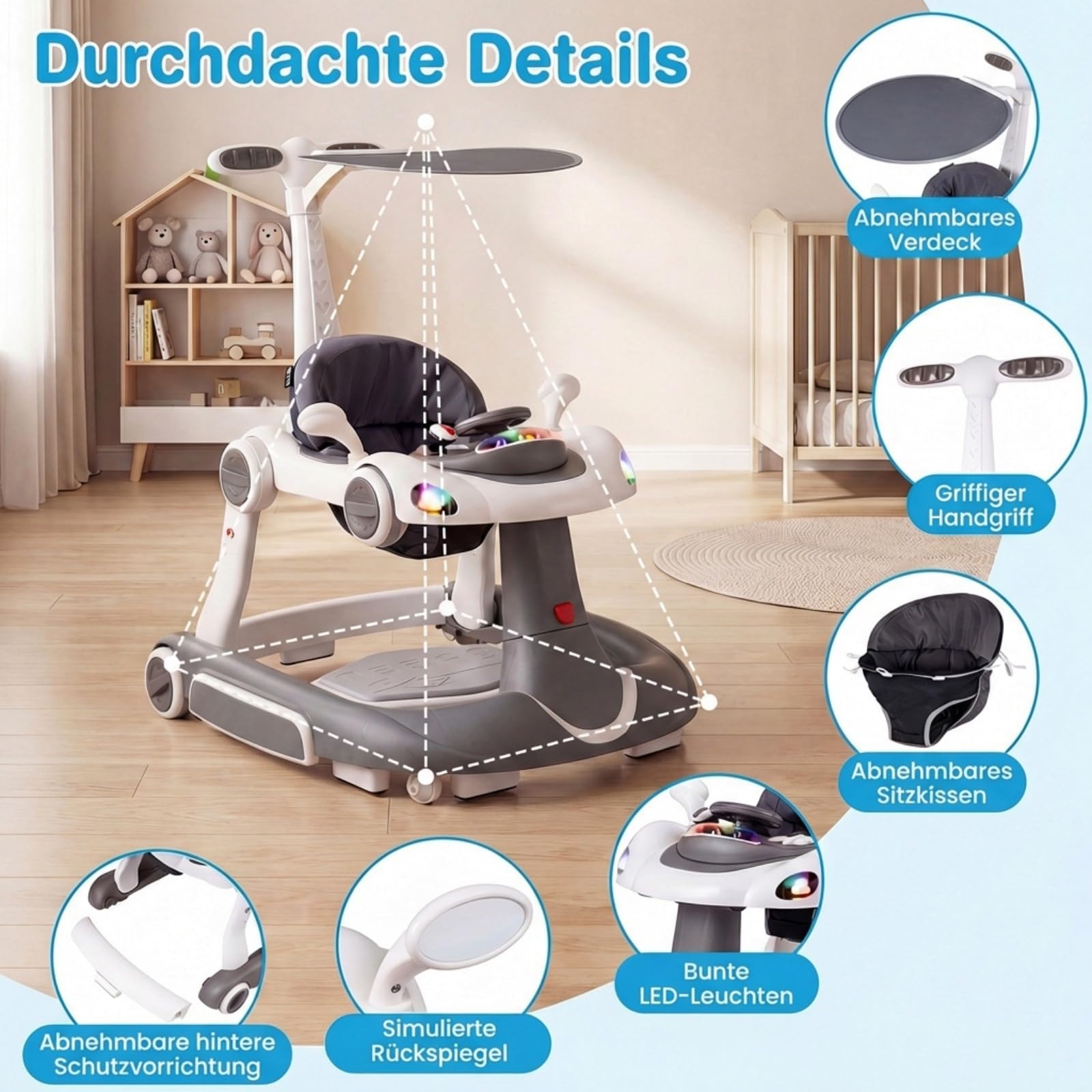 COSTWAY 7 in 1 Lauflernhilfe mit Verdeck, Lauflerwagen mit einstellbarer Höhe & Geschwindigkeit, Baby Walker klappbar mit Spielboard, Musik, Licht & Rädern, Gehfrei Baby ab 6 Monaten (Grau)