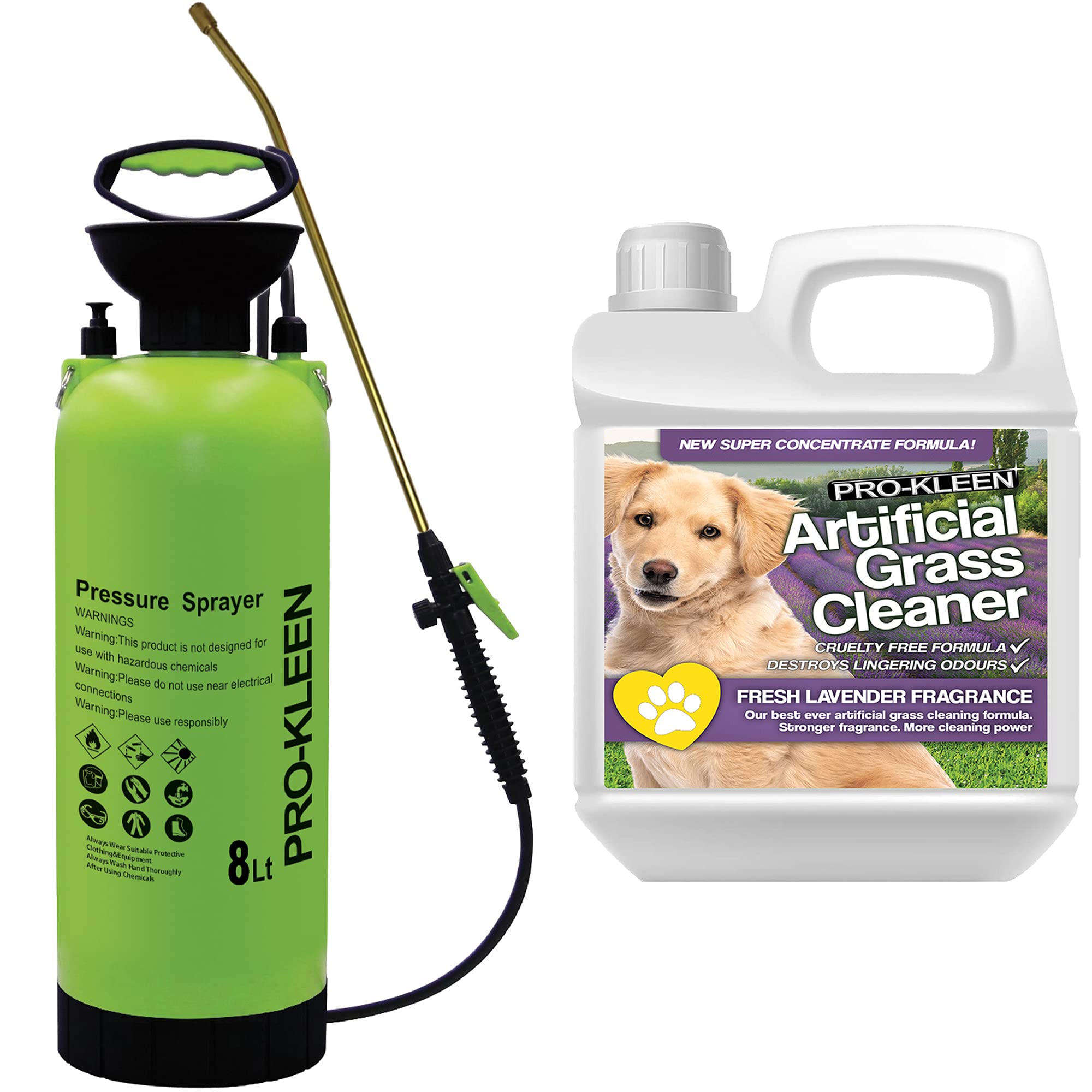 Pro-Kleen Garden Pressure Pump Sprayer Manual Action 8L With Brass Lance & Spare Seal Kit 1L Lavender Fragrance Artificial Grass Cleaner