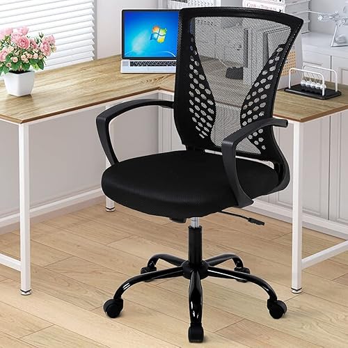 Silla de oficina, silla de escritorio giratoria con respaldo medio con reposabrazos, soporte lumbar de malla, silla de computadora, altura