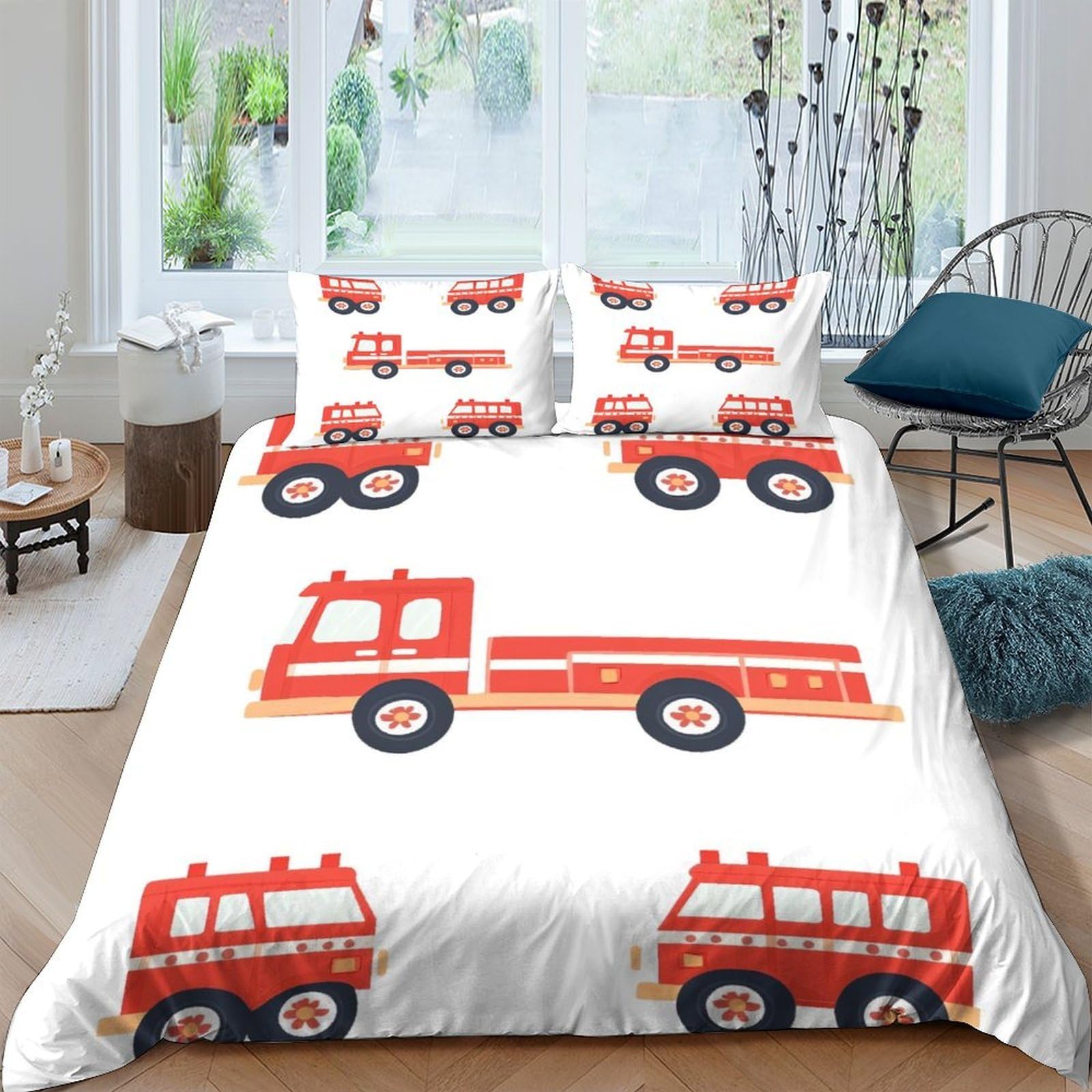 Ctjqhvkz Style-2 3D Printed Fire Truck Fitted Sheet Microfiber Red Cartoon Mattress Cover For Bedroom Guest Room Dustproof Easy Care Single（135X200cm）
