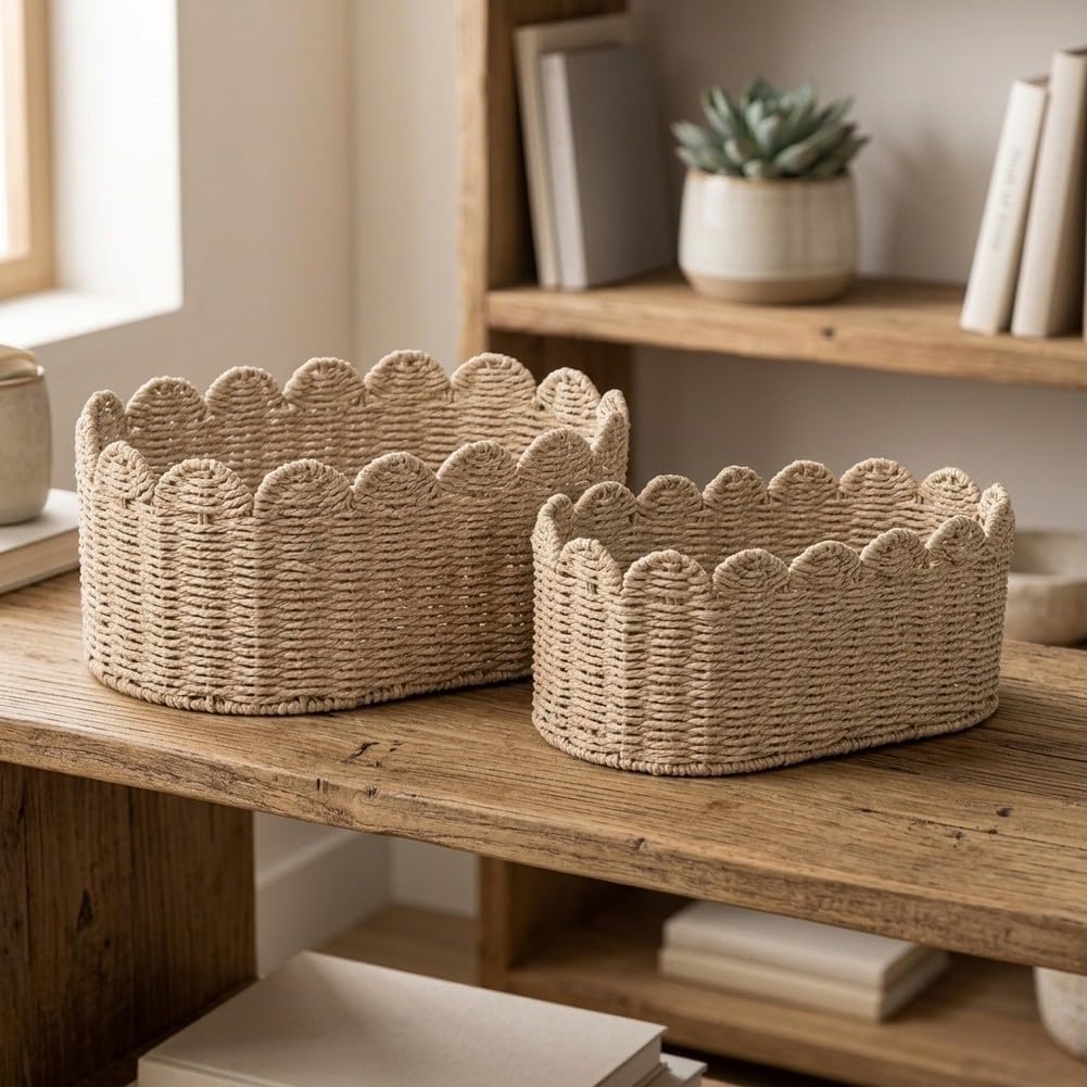Fauhapyway Rattan-Aufbewahrungskorb, handgewebt, gewellter Rand, groß, 2