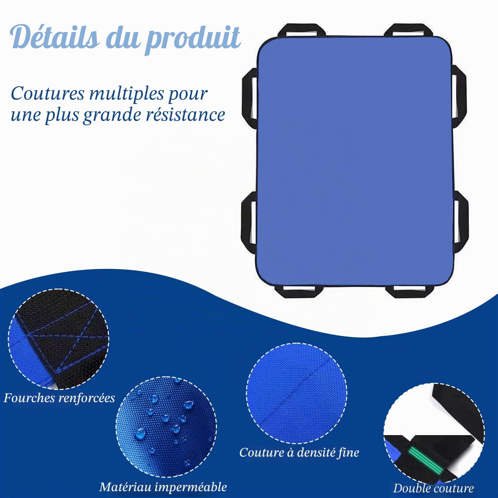 Planche de transfert pour élévateur de patients, 122 x 102 cm, avec 8 poignées, chiffon coulissant pour personnes alitées, avec poignée pour personnes en surpoids, personnes âgées et patients, bleu