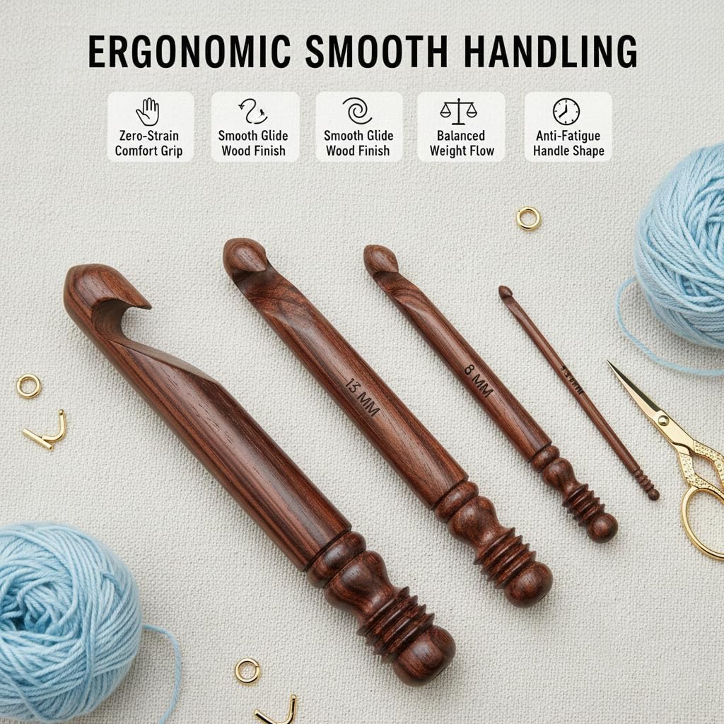 Wooden Crochet Hooks for Arthritic Hands - Ergonomic Soft Grip Handles with Engraved Sizes(3.5mm-25mm) - Rosewood Crochet Hook Set of 15 - for Chunky Yarns Crocheting - Gift for Her(Hooks Only)