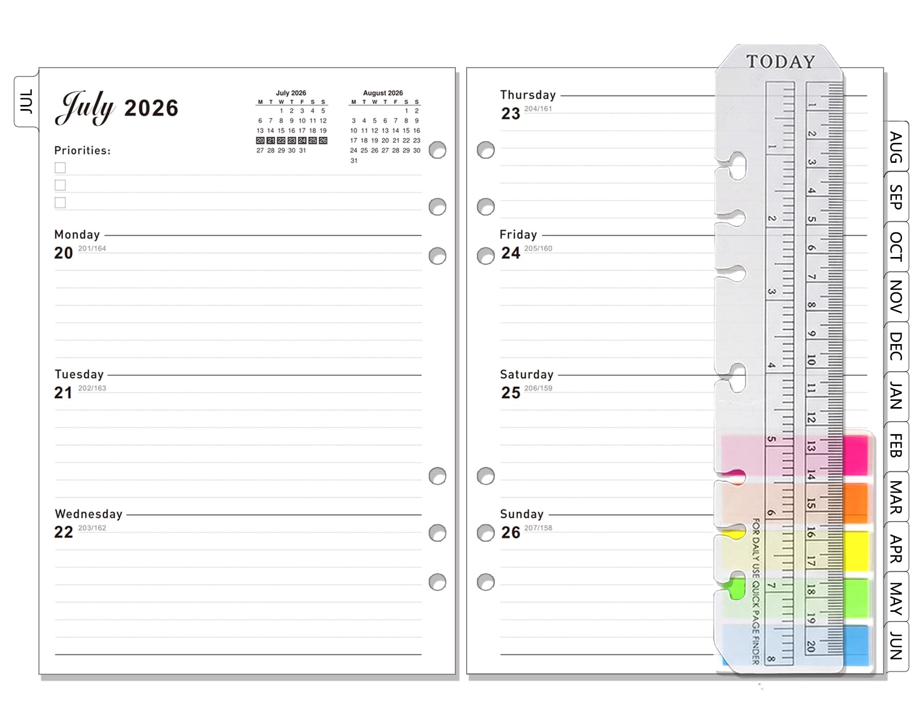 Diary 2026 2027 Refill Week on 2 Pages, A5 Weekly & Monthly Planner with Tabs, Contact, Ruler Bookmark & Stickers July 2026 - June 2027, 6 Hole Organiser Inserts with UK bank holidays (2026.7-2027.6)