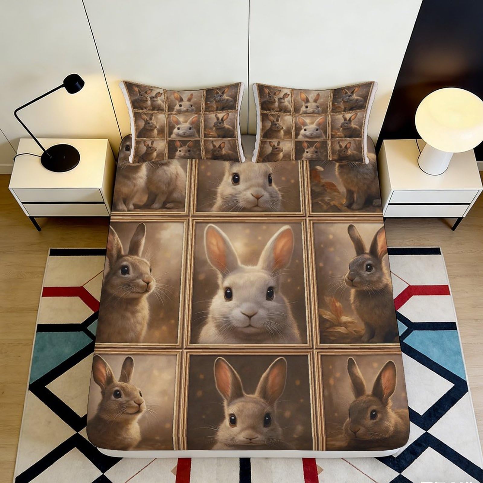 Jqzkxnhpbr Style-4 3D Printed Bunny Patchwork Fitted Sheet Microfiber Soft Anti-Slip Bed Cover For Bedroom Dorm Guest Room Decor 90X200x25cm