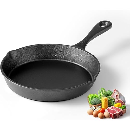 Cast Iron Skillets, 8 Inch Frying Pan with Teardrop Handle, Oven Safe, Durable Camping Cookware for Stove & Grill Use, Indoor/Outdoor