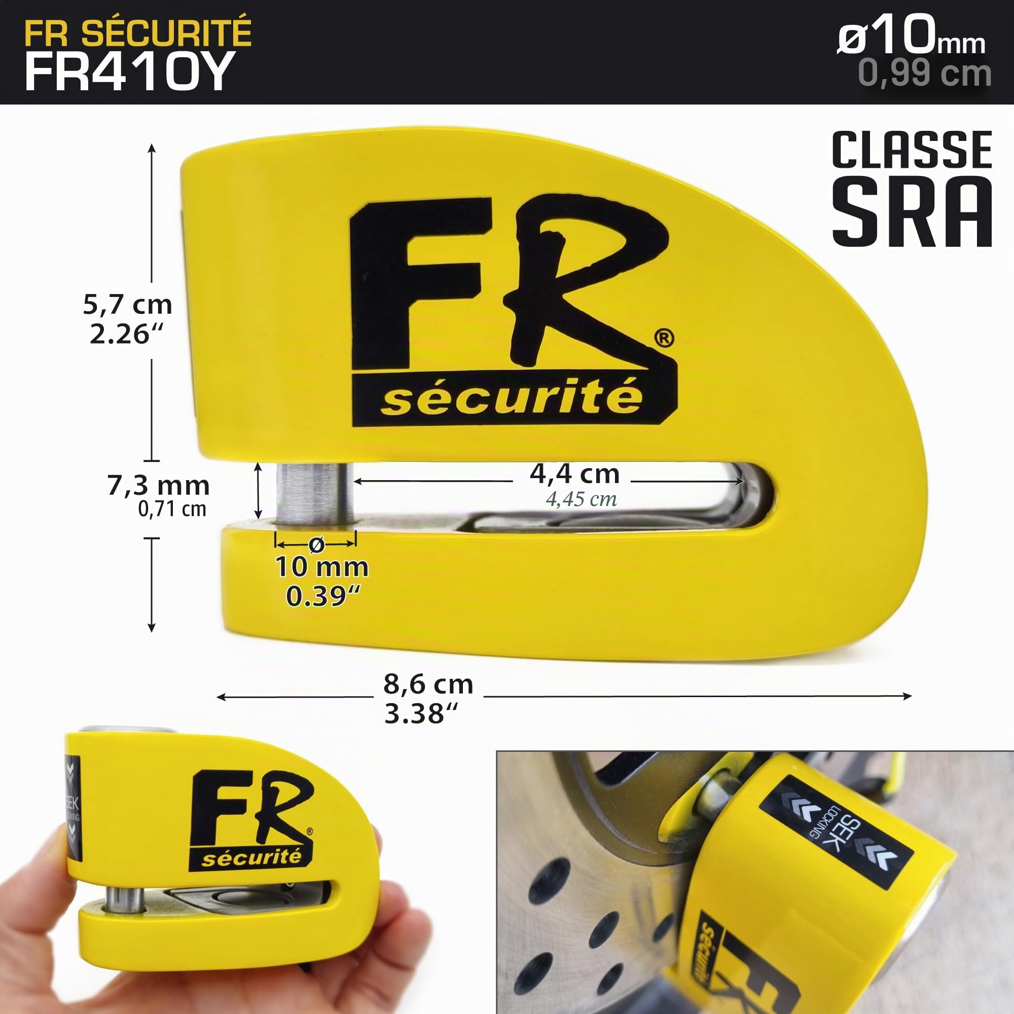 FR Sécurité FR410Y Antivol Moto Homologué SRA Bloque Disque Alarme 120dB Activation Optionnelle, Plus Dissuasive Haute Sécurité Anti Vol, Serrure Anti-Perçage, Bloc Cadenas Motos Scooter