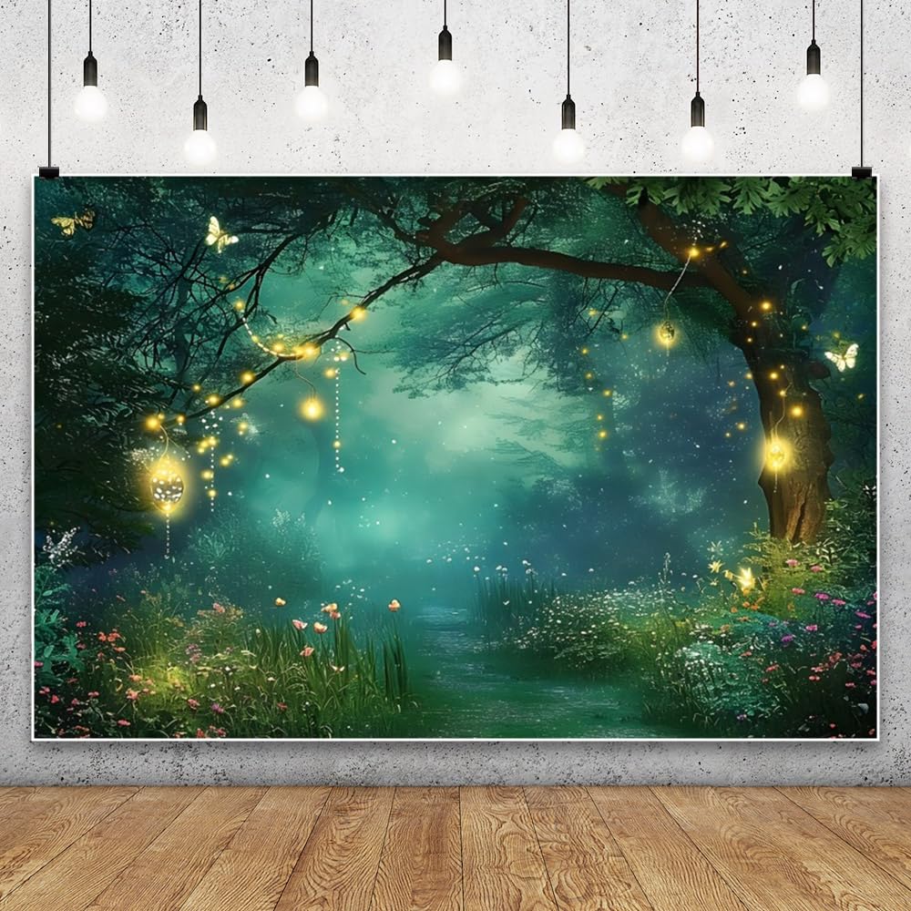 3x2,5m Fond de Forêt Jungle Safari Vue de Nuit Arbre Vert Papillon Fond Photographique Jardin de Charme au Printemps Forêt enchantée de fées Toile de Fond Fournisseurs de décoration