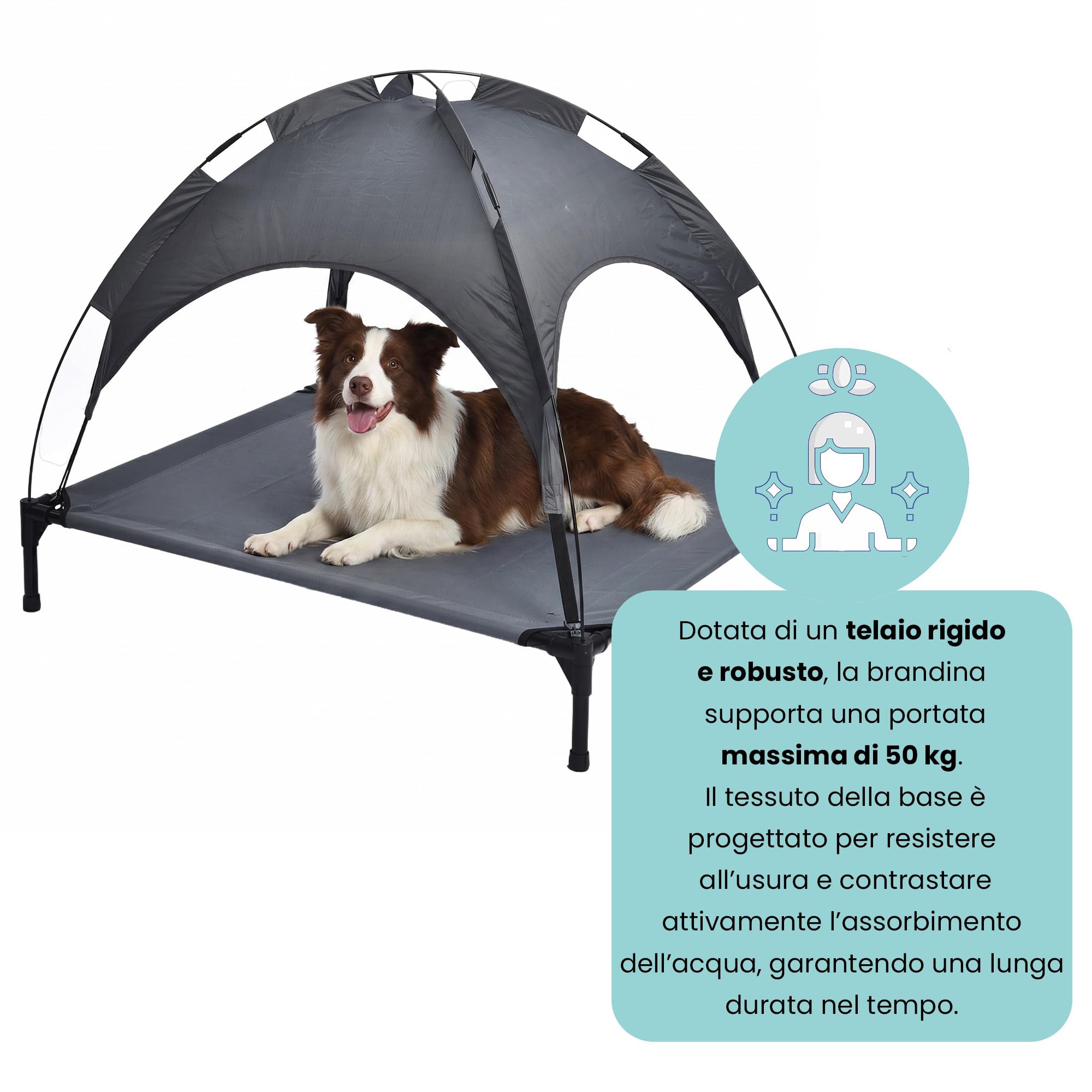 Italian Bed Linen – Brandina Rialzata per Cani "Sunny", Lettino con Tettuccio Protezione UV e Impermeabile, Tessuto Traspirante Anti-Umidità, Portata 50kg, Ideale per Esterno e Giardino, 105x85x85 cm