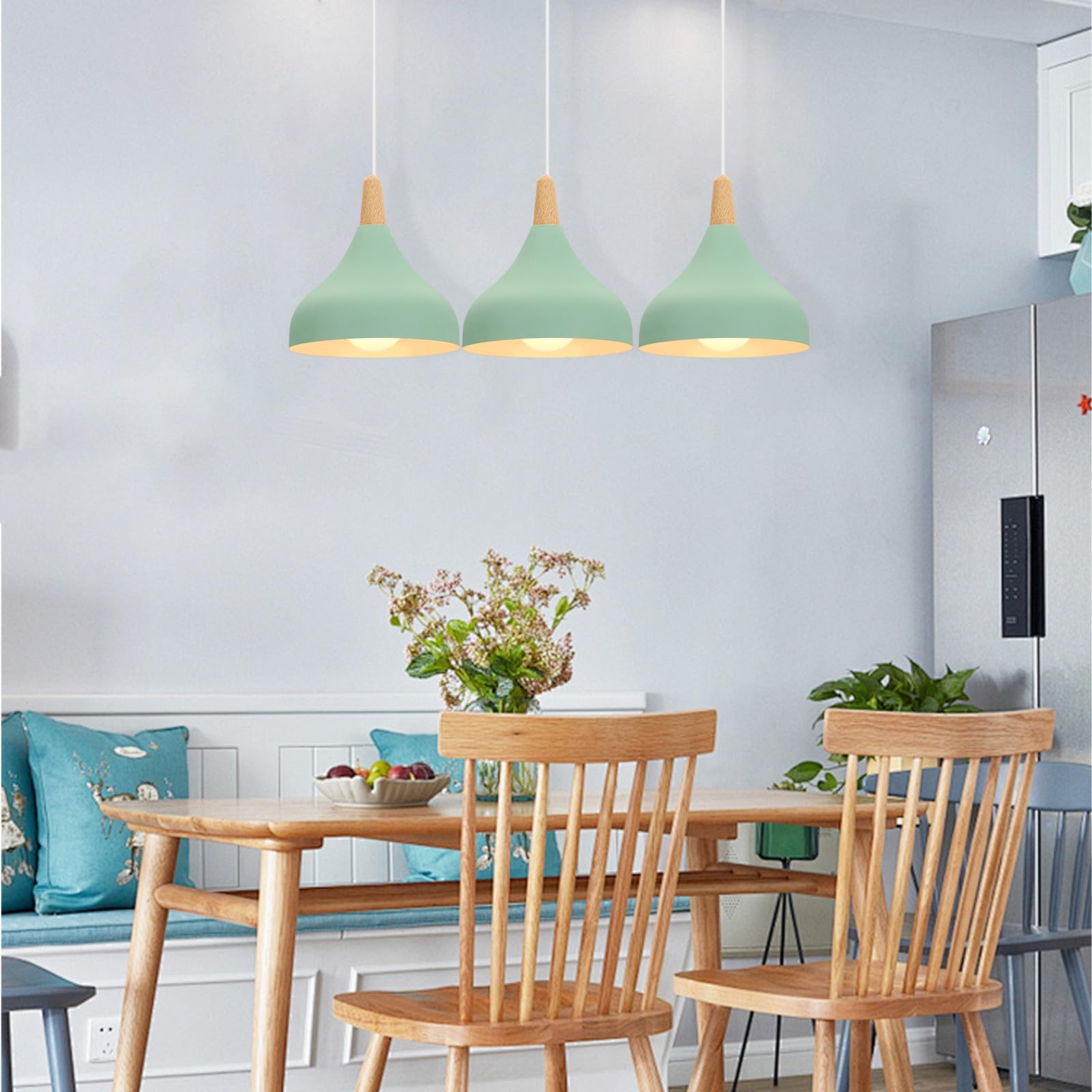 Lampadario A Sospensione retrò A 3 Luci, Stile Moderno E27, Plafoniera in Metallo E Legno per Camera da Letto, Cucina E Arredamento Casa (Giallo Chiaro, Rotondo, 20 Cm) Green Rectangle