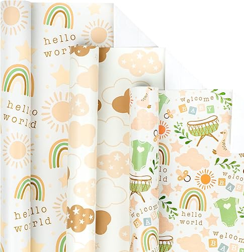 LeZakaa Rollo de papel de regalo para baby shower, mini rollo, traje de bebéarcoíris, solnube para bebé, niño, niña, 17 x 120 pulgadas, 3 rollos