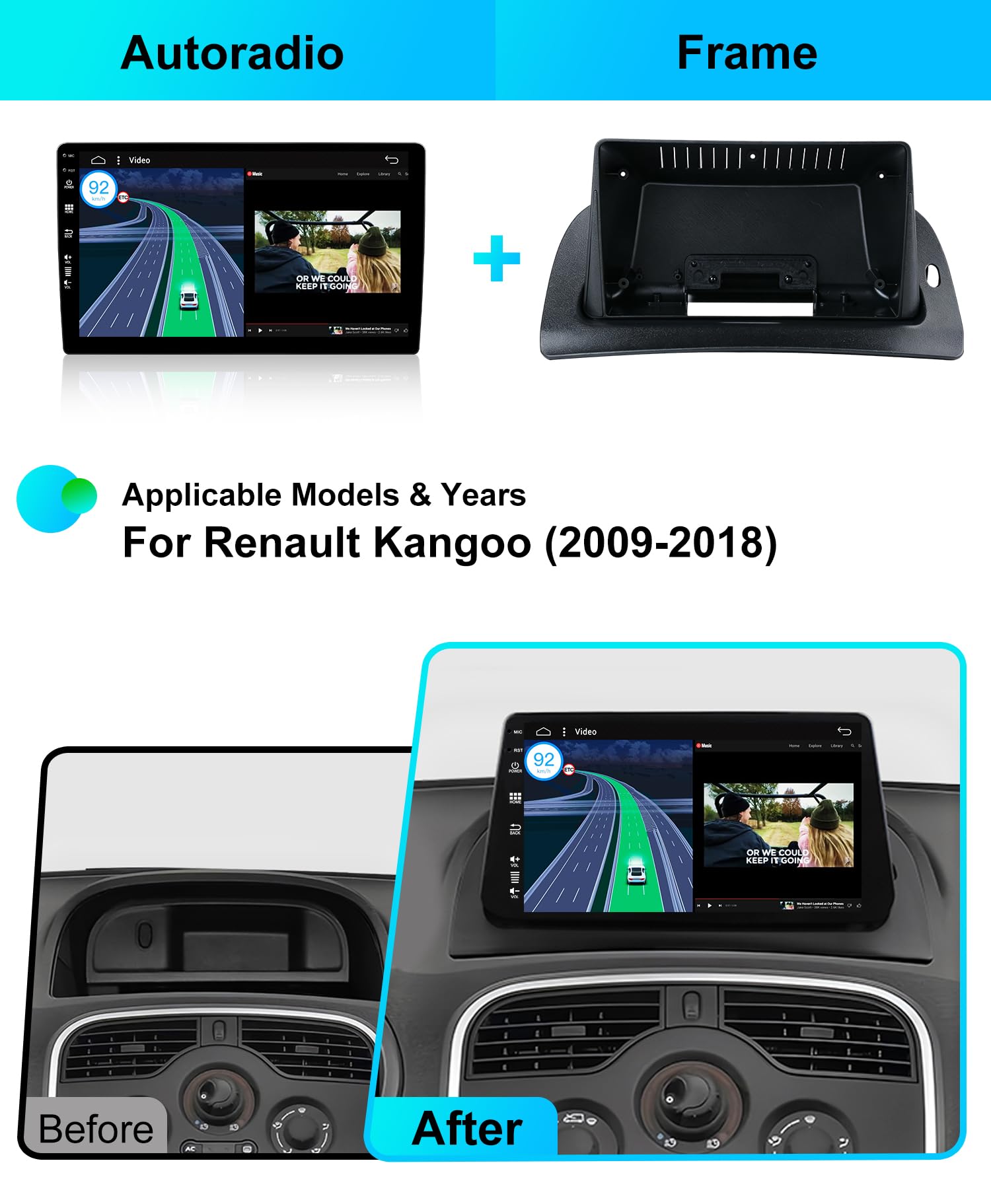 Radio samochodowe 6G + 128G, Octa-Core, Android 16 radio samochodowe do Renault Kangoo 2009-2018 Radio GPS Navigation, CarPlay Android Auto - kamera i MIC, 360-CAM Dual-Bnad WiFi, IPS 9 cali 2
