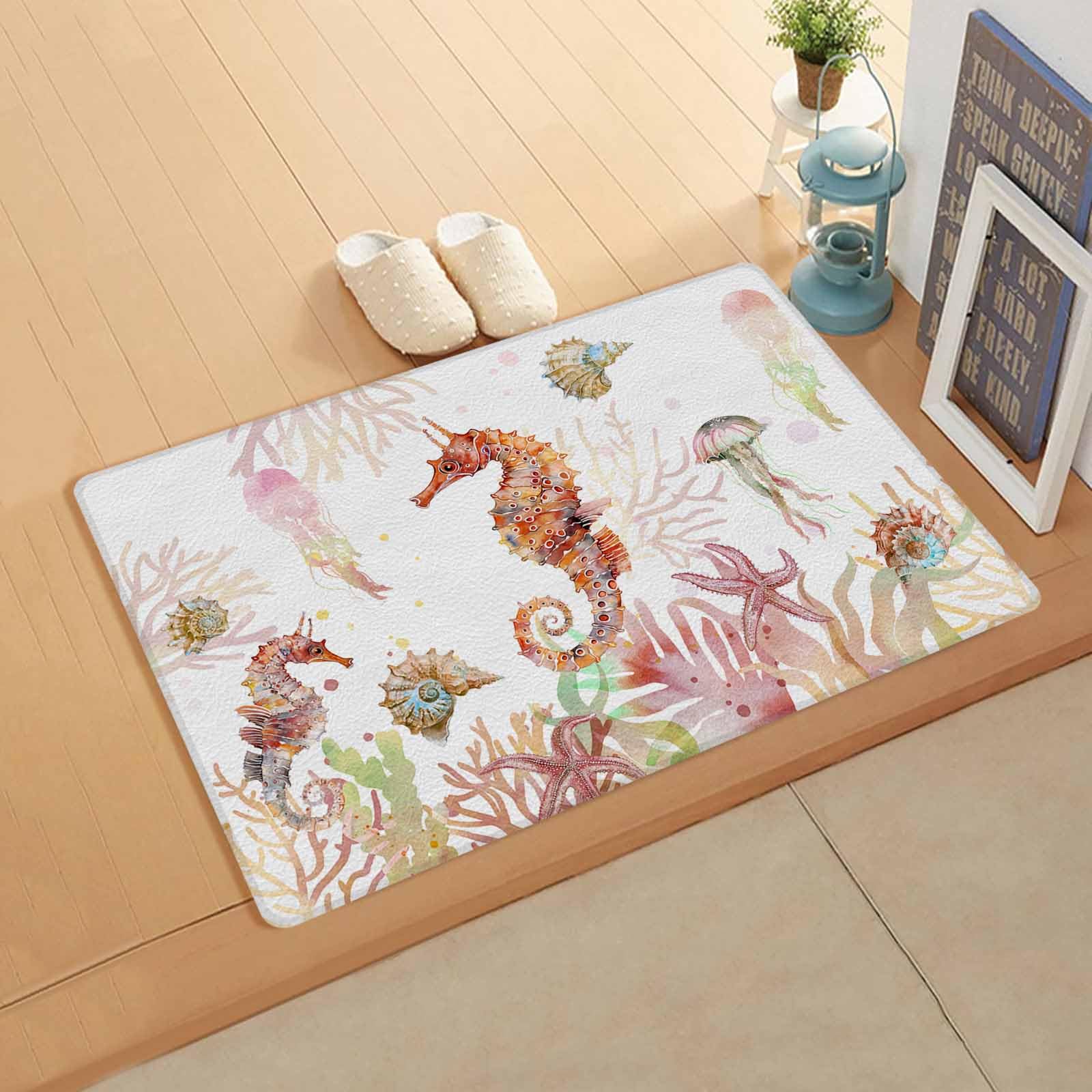 Orange Sea Horse Antifatigue Kitchen Bath Door Mat Cushioned Runner Rug,Washable Welcome Floor Sink Mat,Waterproof & Non-Slip Standing Doormat for Kitchen,Coastal Nautical Starfish Coral Conch 18