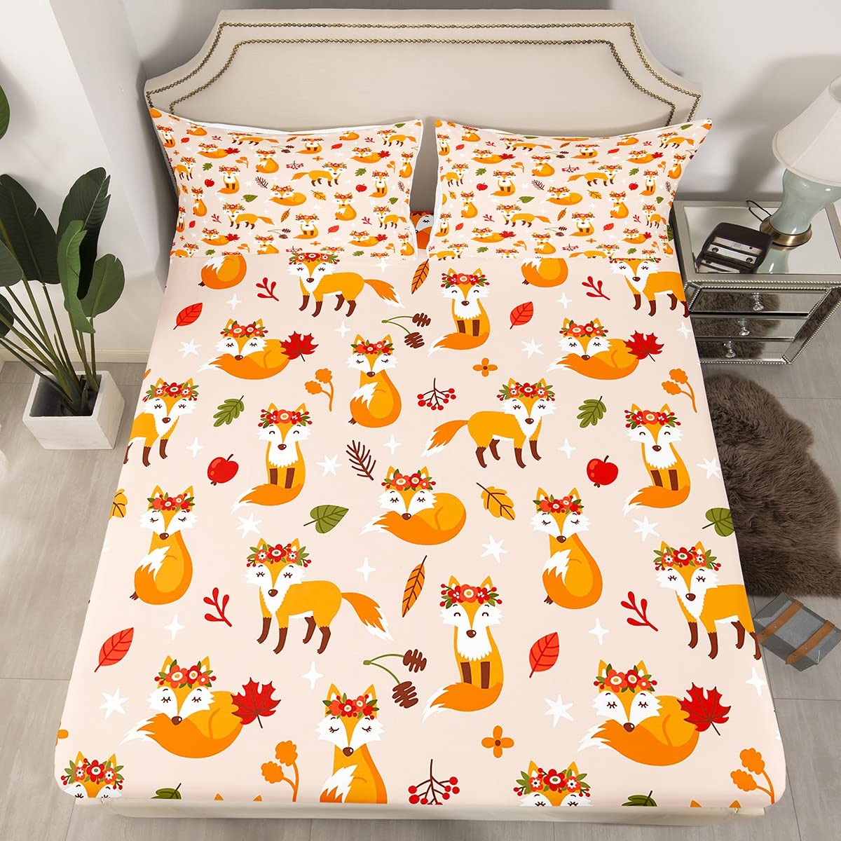 Juego de sábanas de zorro de dibujos animados, estampado floral botánico para niños y niñas, decoración de vida silvestre con bolsillo profundo, juego de ropa de cama de microfibra, juego de sábanas