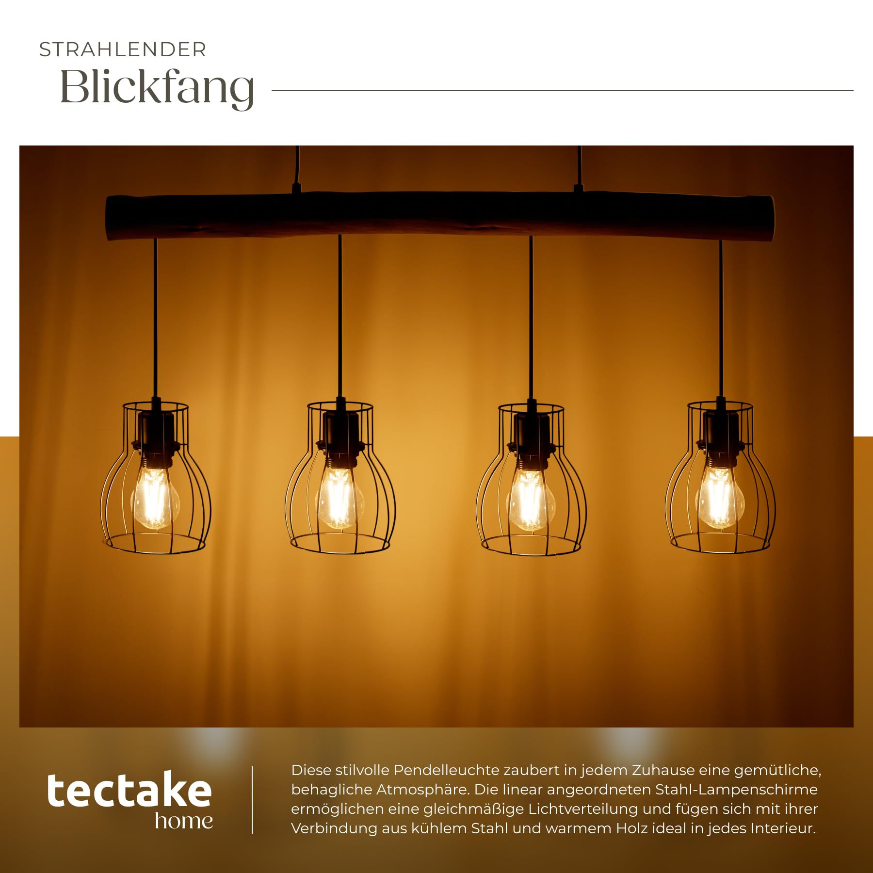 tectake® Pendelleuchte, Lampe hängend 4-flammig, Deckenlampe schwarz mit Holzbalken, Industrial Style Wohnzimmer, Esszimmer Lampe, Wohnzimmerlampe, Flurlampe, Hängelampe Esstisch