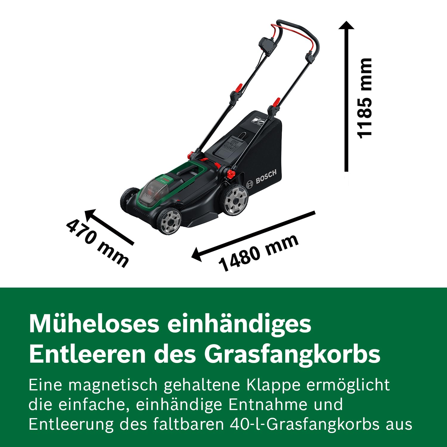 Bosch Akku-Rasenmäher ROTAK18V2-43 (Schnittbreite: 43 cm, Schnitthöhe: 30-75 mm, 50 l Stoff-Grasfangkorb, Mulchstopfen, inkl. 2 x 18V Akku und Ladegerät)