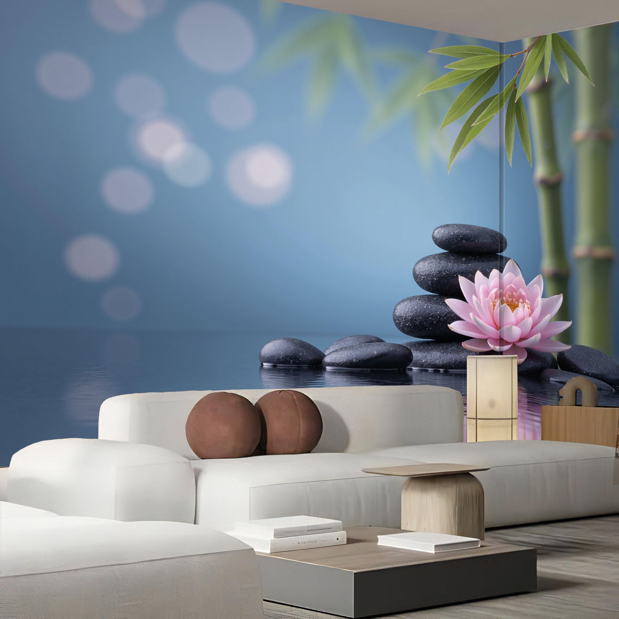 Papier Peint Panoramique Lotus 3D Grand Format Bleu Profond pour Salon 350X256Cm