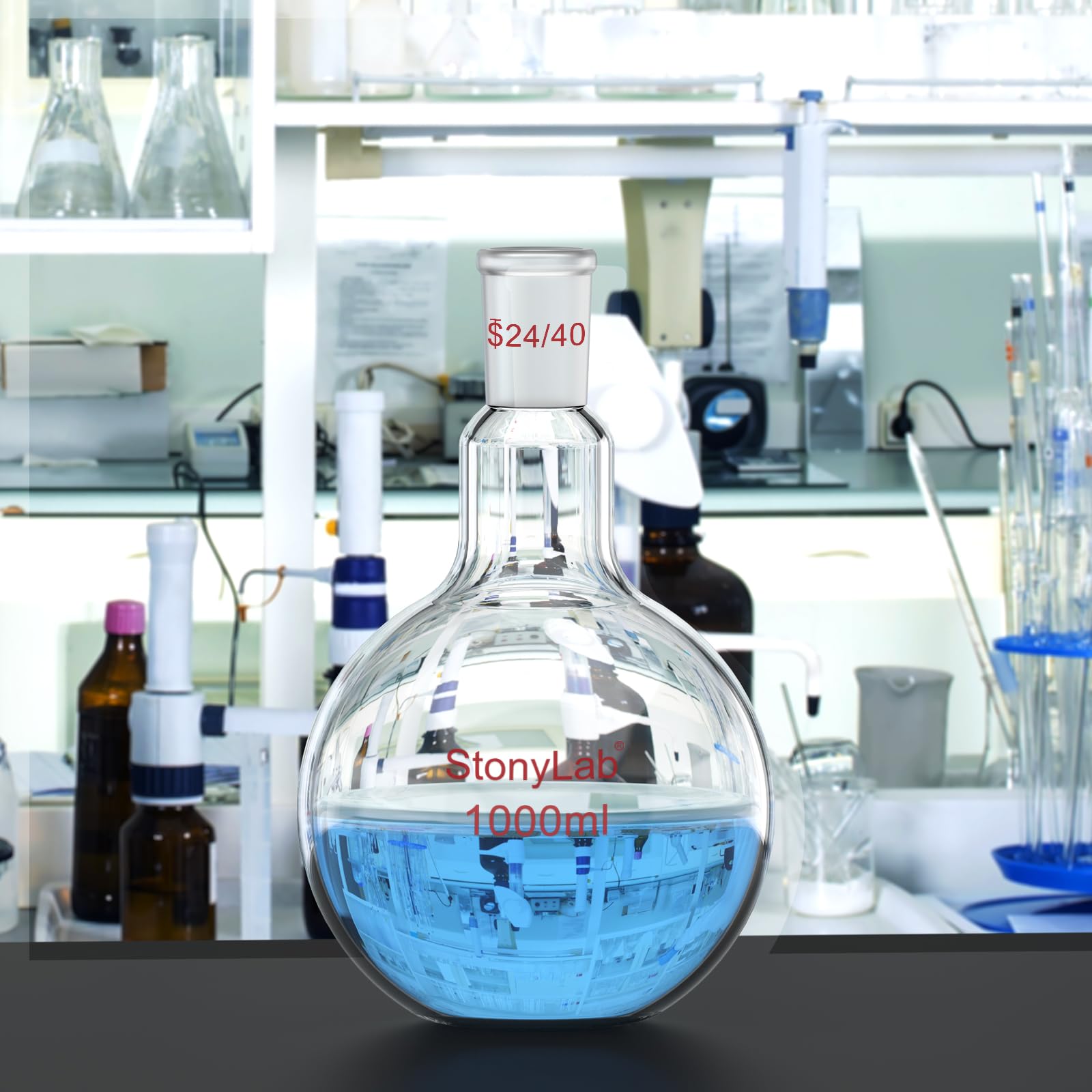 StonyLab Borosilicaté Verre Simple cou Fond plat Ébullition Flasque, Ballons de Laboratoire Single Neck Flat Bottom Boiling Flask avec 24/40 Standard Cône Joint Extérieur - 1000ml