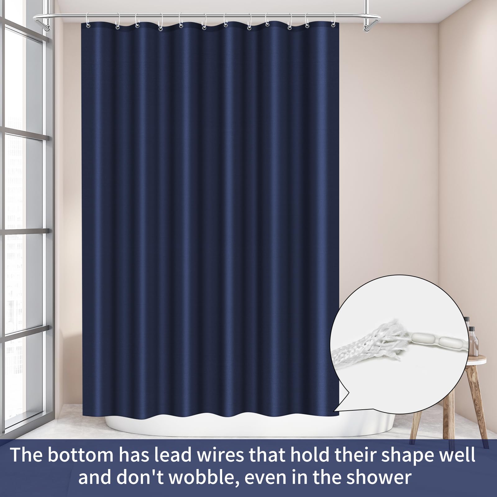 Tenda da doccia in poliestere 180 x 220 cm, anti-muffa per bagno, tenda per vasca da bagno e doccia in tessuto impermeabile e lavabile, con 12 ganci blu navy