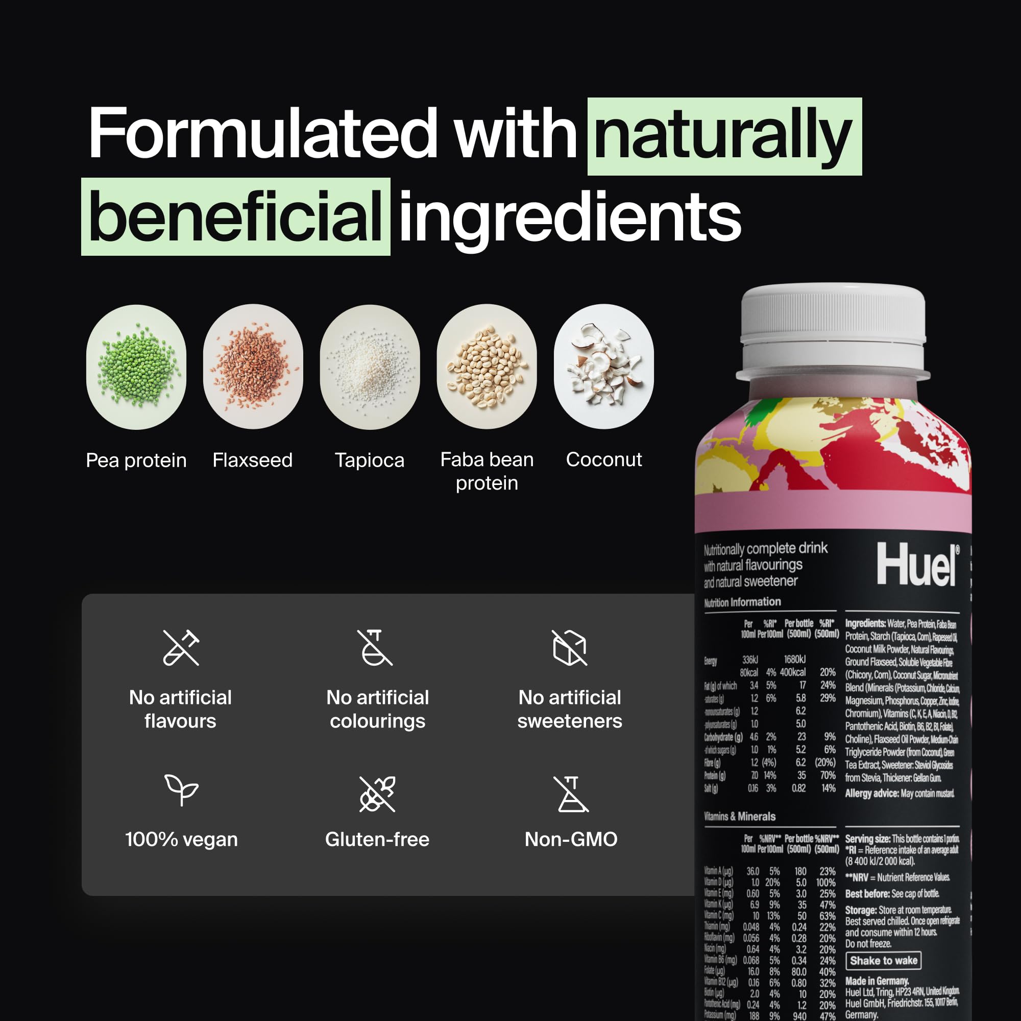 Huel Black Edition Prêt-à-boire, 8 bouteilles de 500 ml, Shakes protéinés, saveur fraise et banane, boisson riche en protéines, 35 g de protéines par bouteille, riche en vitamine D, acides gras