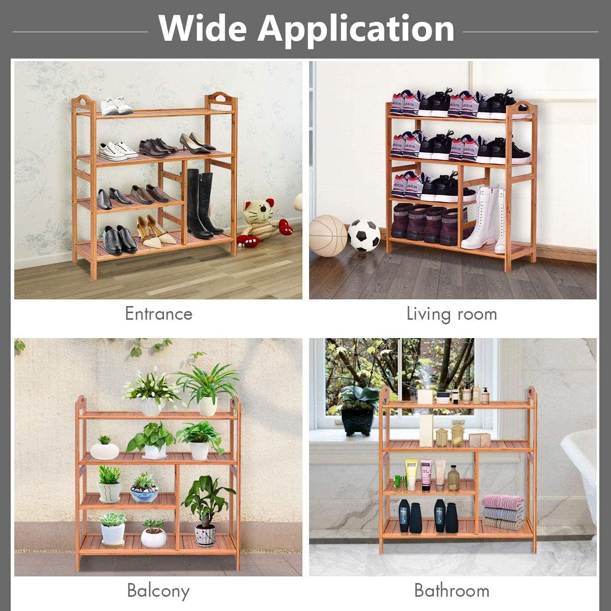 LDAILY LUARANE 4-Tier Bamboo Shoe Rack, Wood Plant Flower Stand Shelf with Handle, Shoe and Boot Rack for 12-14 Pairs, Suitable for Entrances, Corridors, Living Rooms, Gardens