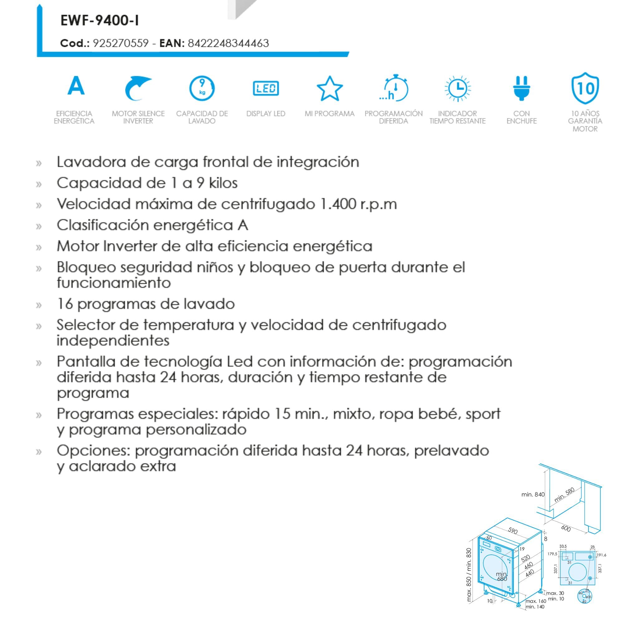 Edesa Lavadora de Integración EWF-9400-I con Carga Frontal, 9 KG, 16 Programas de Lavado, 1400 RPM, LED, Silenciosa, Acabado en Blanco