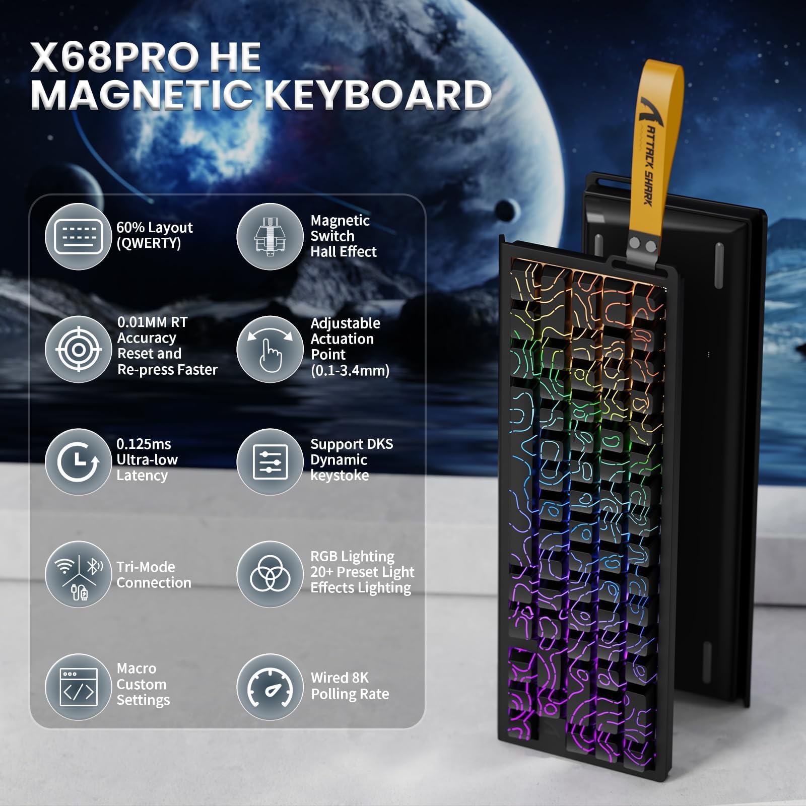 ATTACK SHARK X68PRO HE Clavier Gaming à Déclenchement Rapide sans Fil, Précision RT de 0,01 mm, Clavier Filaire à Effet Hall, 8000Hz, Actionnement Réglable, Snap Tap, RGB, C01 Câble – Noir