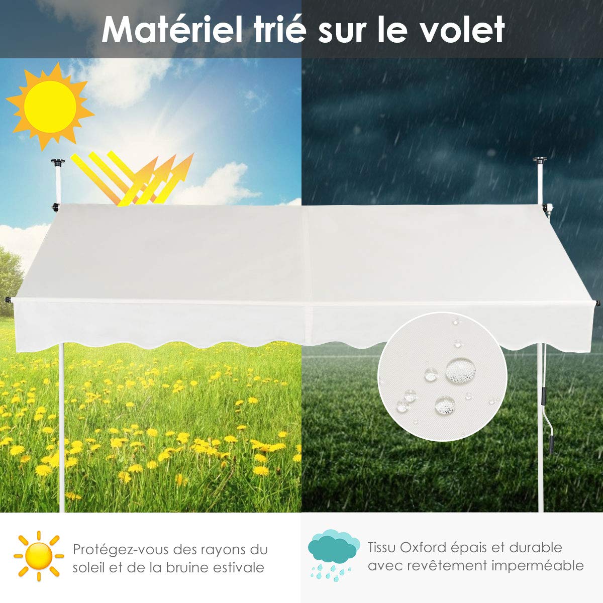 COSTWAY Store Banne Manuel Rétractable de 2,5 x 1,25M avec Manivelle Hauteur Réglable 200-300CM, Auvent de Terrasse en Aluminium Tissu Oxford Imperméable Anti UV, pour Blacon et Porte (Beige)