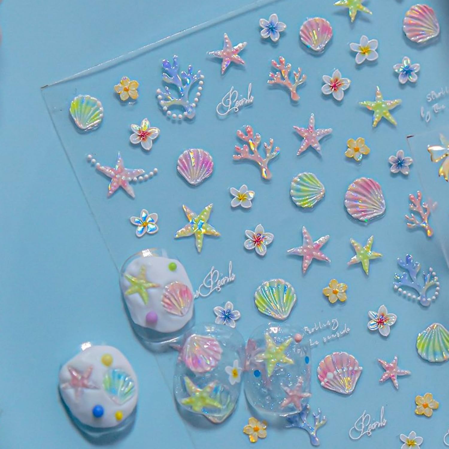 Summer Nail Stickers for Nail Art 5D Embossed Ocean Nail Decals Colorful Seafish Self Adhesive Nail Design Supplies Decoration Accessories for Women and Girls