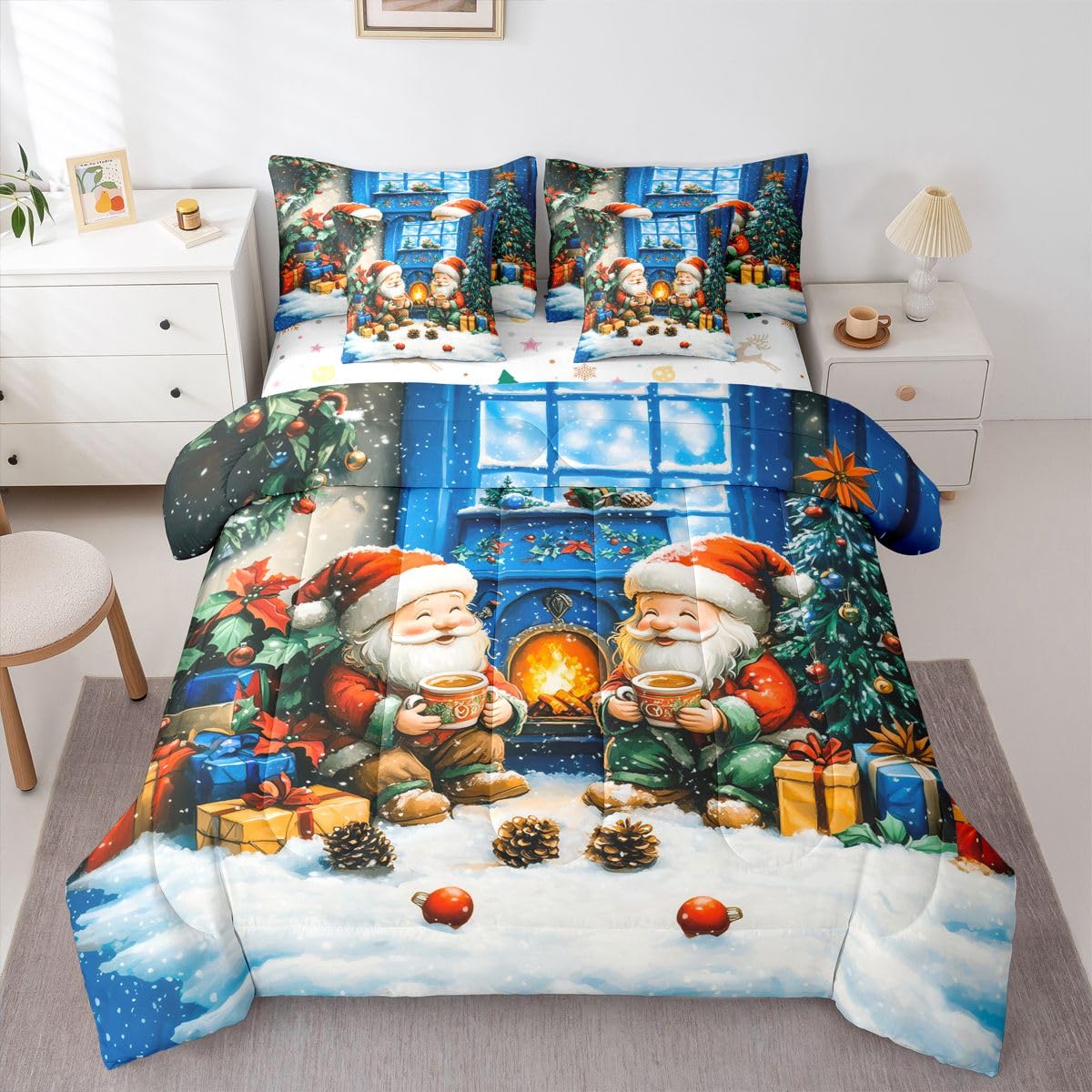 Cartoon Santa Gnome Reversible 7 Pieces Comforter Set,Winter Farmhouse Style Bed Sheet Set for Kids Teens Boys,Watercolor New Year Gifts Bedding Set with Comforter,Fitted &amp; Flat Sheet,Twin