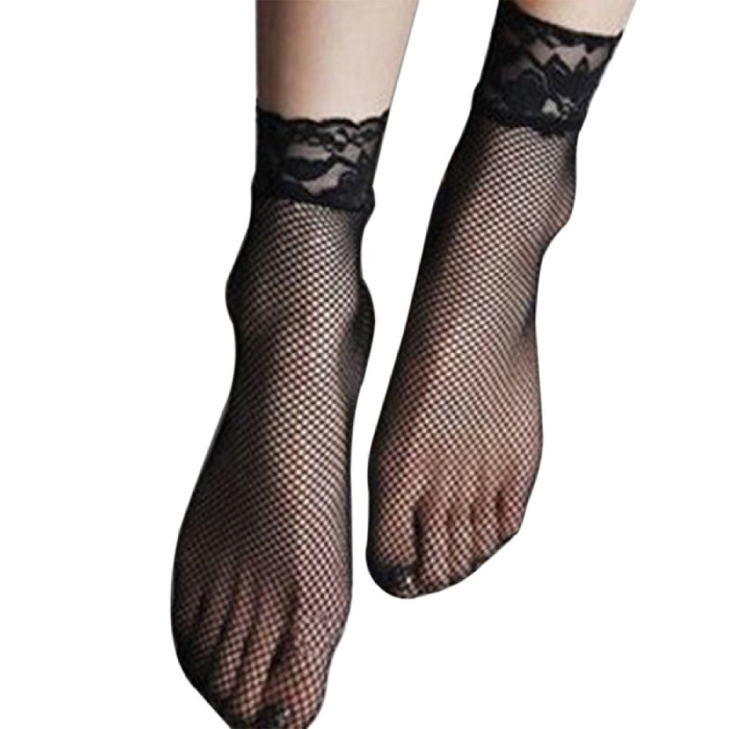 Mytoptrendz® Girls Ladies Fishnet Ankle Socks Lace Top Low Cut Anklets - 1 Pair (Black)
