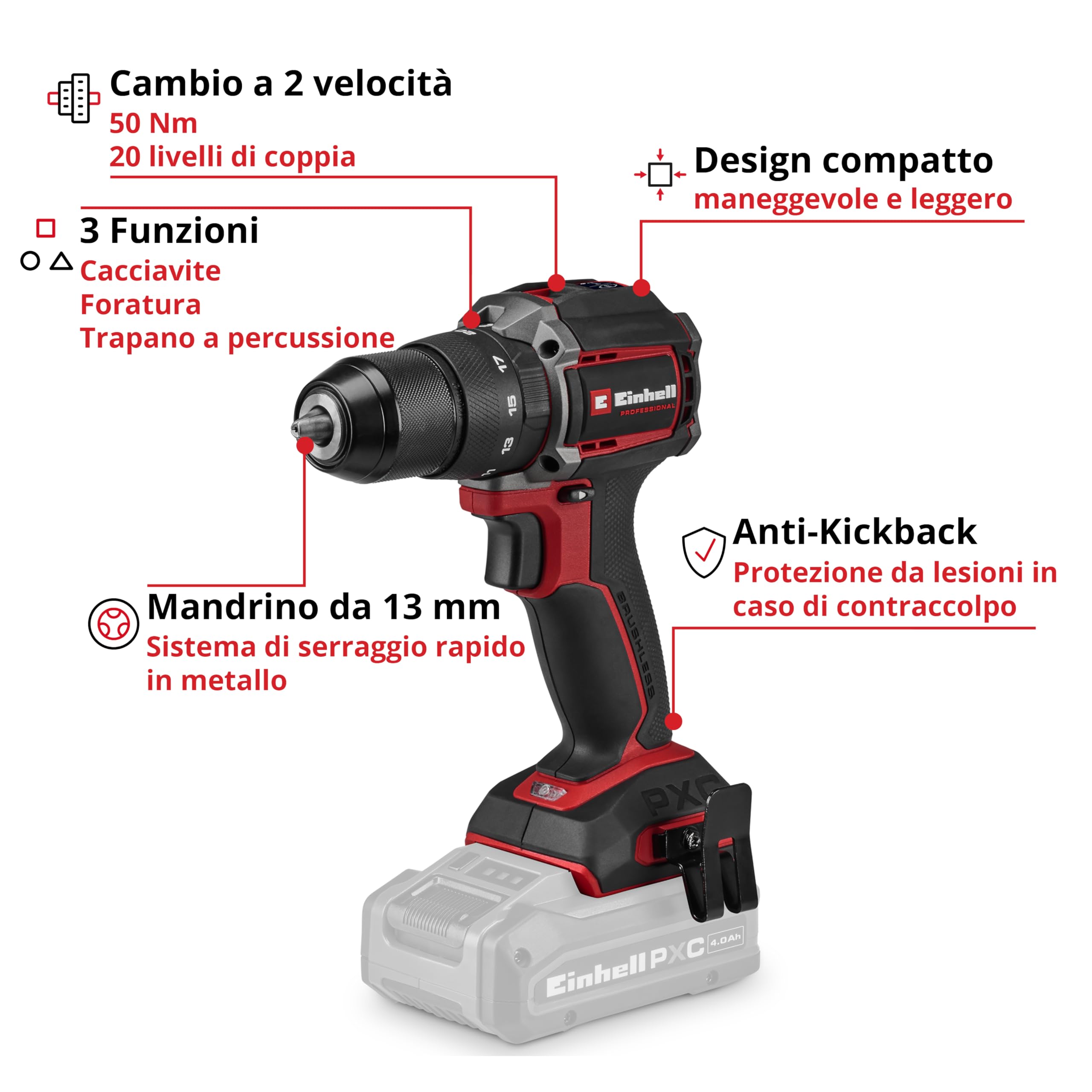 Einhell Professional trapano a percussione a batteria TP-CD 18/50-C Li-i BL - Solo Power X-Change (18 V, Brushless, 50 Nm, anti-kickback, mandrino 13 mm, senza batteria)