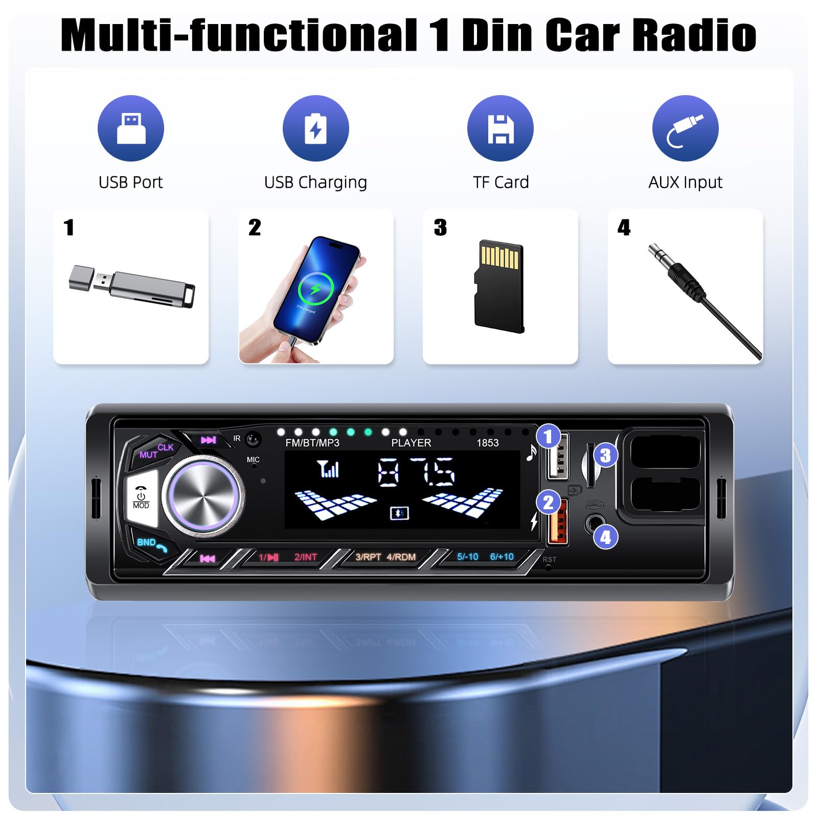 CAMECHO Autoradio 1 Din Bluetooth 5.0 mit Handyhalterung, Autoradio mit Bluetooth Freisprecheinrichtung, MP3 Tuner mit U Disk/FM/TF-Karte/AUX/2 USB 7 Backlight, 4 * 45W